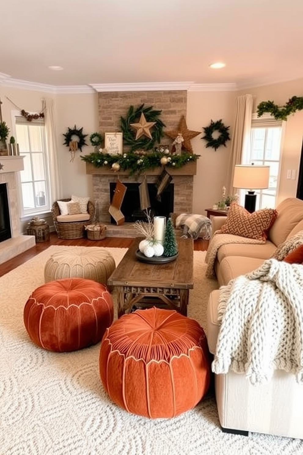 A cozy winter living room features a warm color palette with soft lighting. Plush comfortable poufs are arranged around a rustic wooden coffee table, inviting guests to relax and enjoy the space. The walls are adorned with seasonal decor, creating a festive atmosphere. A large, inviting sofa is draped with a chunky knit blanket, enhancing the overall comfort of the room.