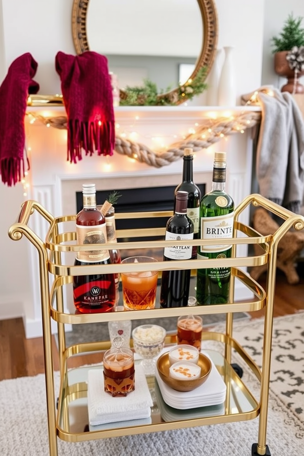 A stylish bar cart for winter drinks. The cart is made of polished brass with a glass top and features an array of winter-themed beverages including spiced cider and rich red wine. Winter living room decorating ideas. The space is adorned with cozy throw blankets in deep jewel tones and twinkling fairy lights draped across the mantel, creating a warm and inviting atmosphere.