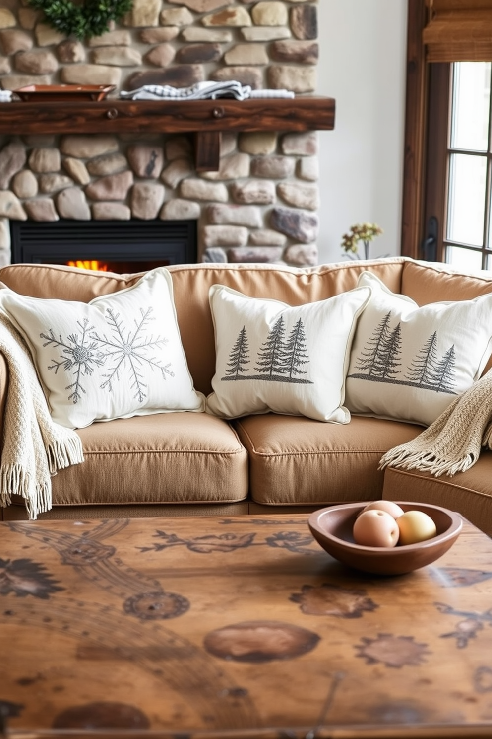 Embroidered cushions with winter motifs adorn a plush sofa in a cozy living room. The cushions feature intricate designs of snowflakes and pine trees, adding a touch of seasonal charm. The room is warmed by a crackling fireplace, with a soft throw blanket draped over the armrest. A rustic wooden coffee table sits in front, surrounded by warm-toned decor that complements the winter theme.