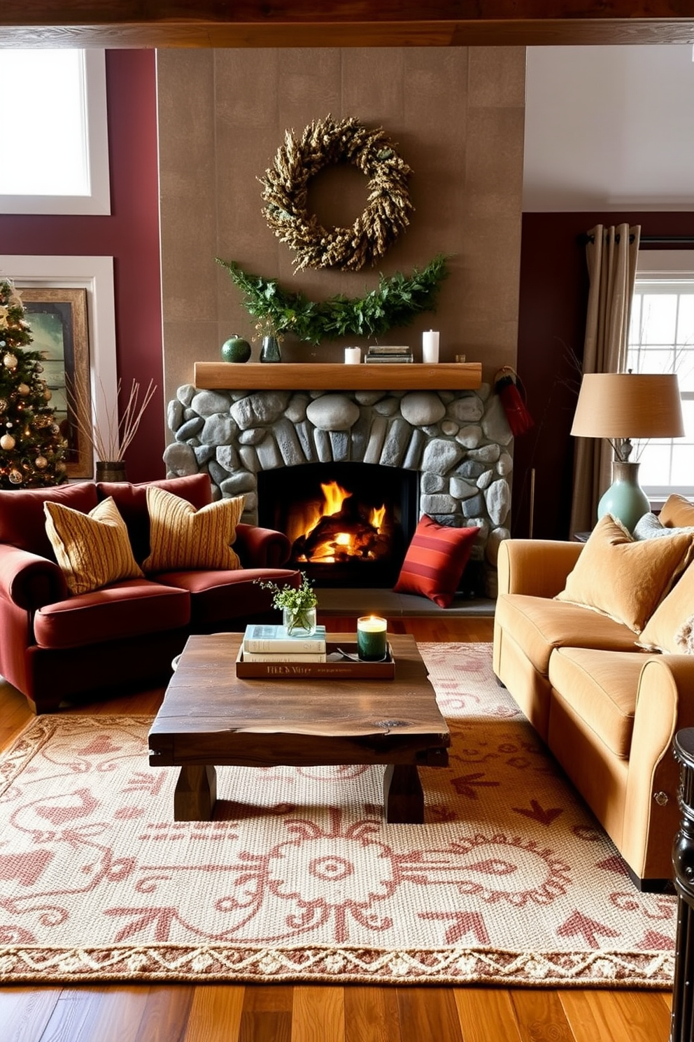 A cozy winter living room filled with warm color palettes featuring rich tones. The walls are painted in a deep burgundy, and the furniture includes a plush, oversized sofa adorned with soft, textured throw pillows in shades of gold and rust. A rustic wooden coffee table sits in the center, decorated with a stack of books and a fragrant candle. A large area rug in warm earth tones anchors the space, while a stone fireplace crackles softly, surrounded by carefully arranged logs for a welcoming atmosphere.