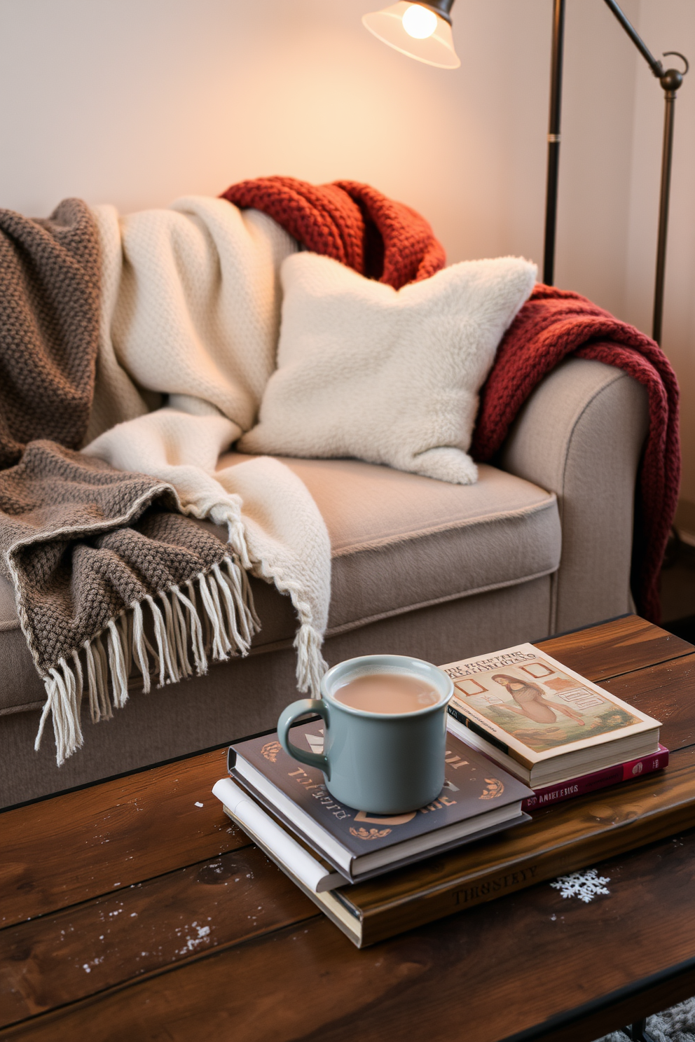 A cozy winter living room features a plush sofa adorned with layered blankets in various textures and colors. A warm throw is draped over the armrest, inviting relaxation and comfort on chilly evenings. In front of the sofa, a rustic coffee table holds a steaming mug of hot chocolate and a stack of seasonal books. Soft, ambient lighting from a stylish floor lamp enhances the inviting atmosphere, creating a perfect retreat for winter nights.