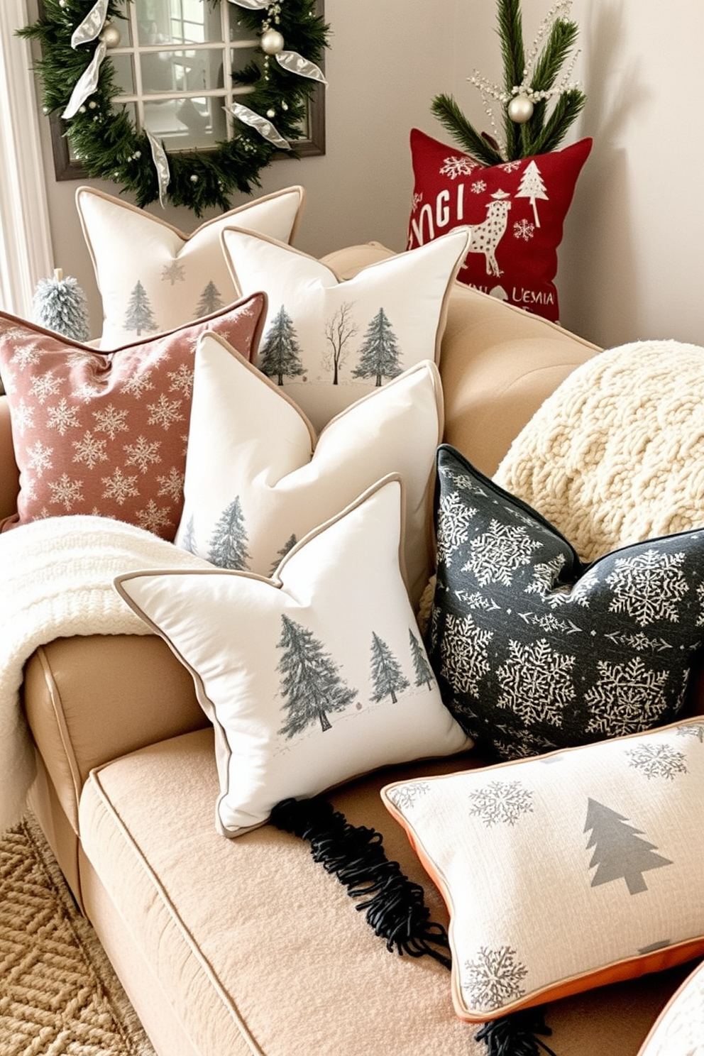 A cozy winter living room featuring an array of decorative pillows in various winter patterns. The pillows are arranged on a plush sofa, complemented by a soft throw blanket draped over the armrest.