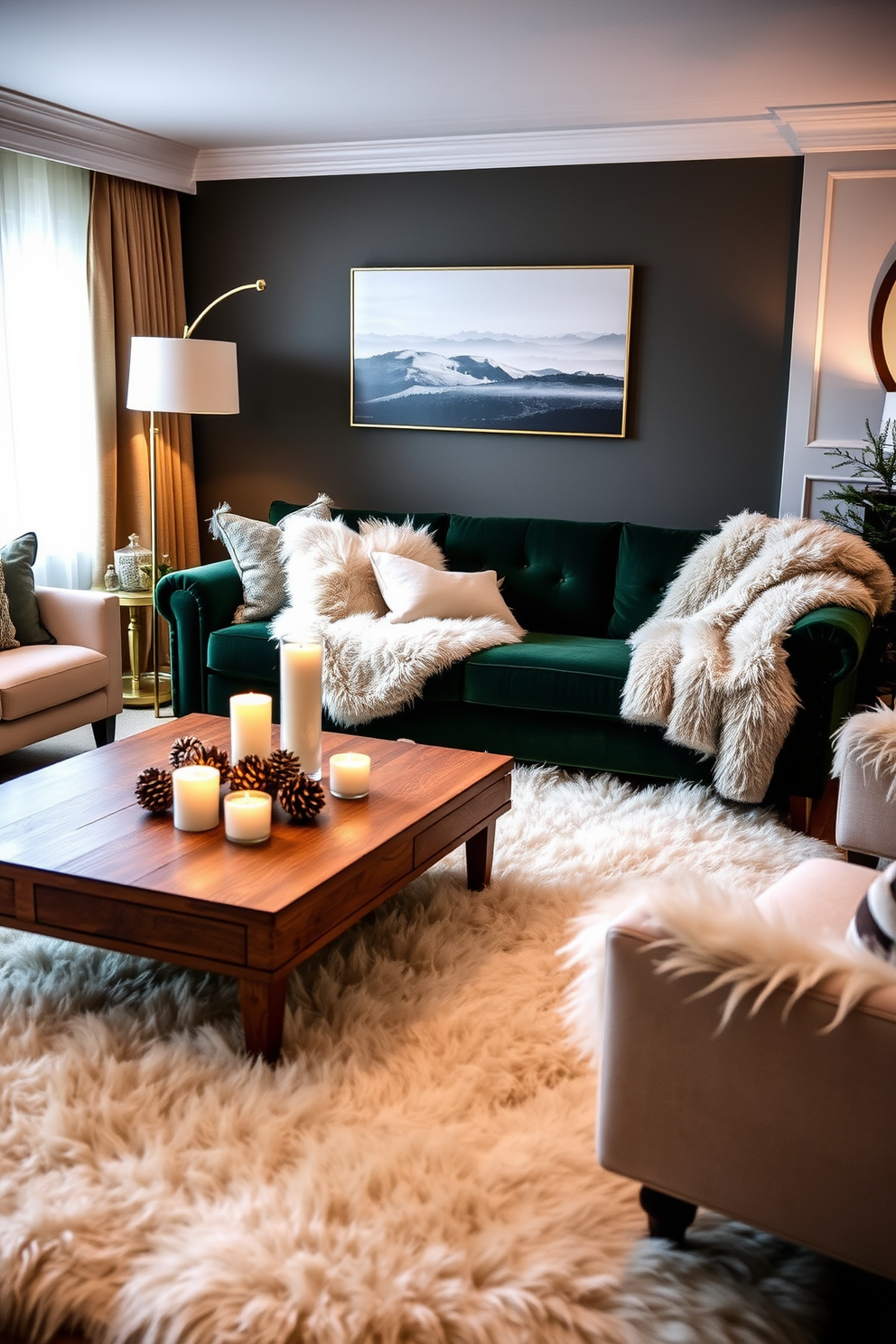 A cozy winter living room featuring plush faux fur accents throughout the space. A large cream-colored faux fur rug anchors the seating area, complemented by throw pillows and a luxurious faux fur blanket draped over a deep green velvet sofa. Soft ambient lighting creates a warm atmosphere, with a stylish floor lamp casting a gentle glow. A wooden coffee table adorned with seasonal decor, including pinecones and candles, adds a rustic touch to the elegant setting.