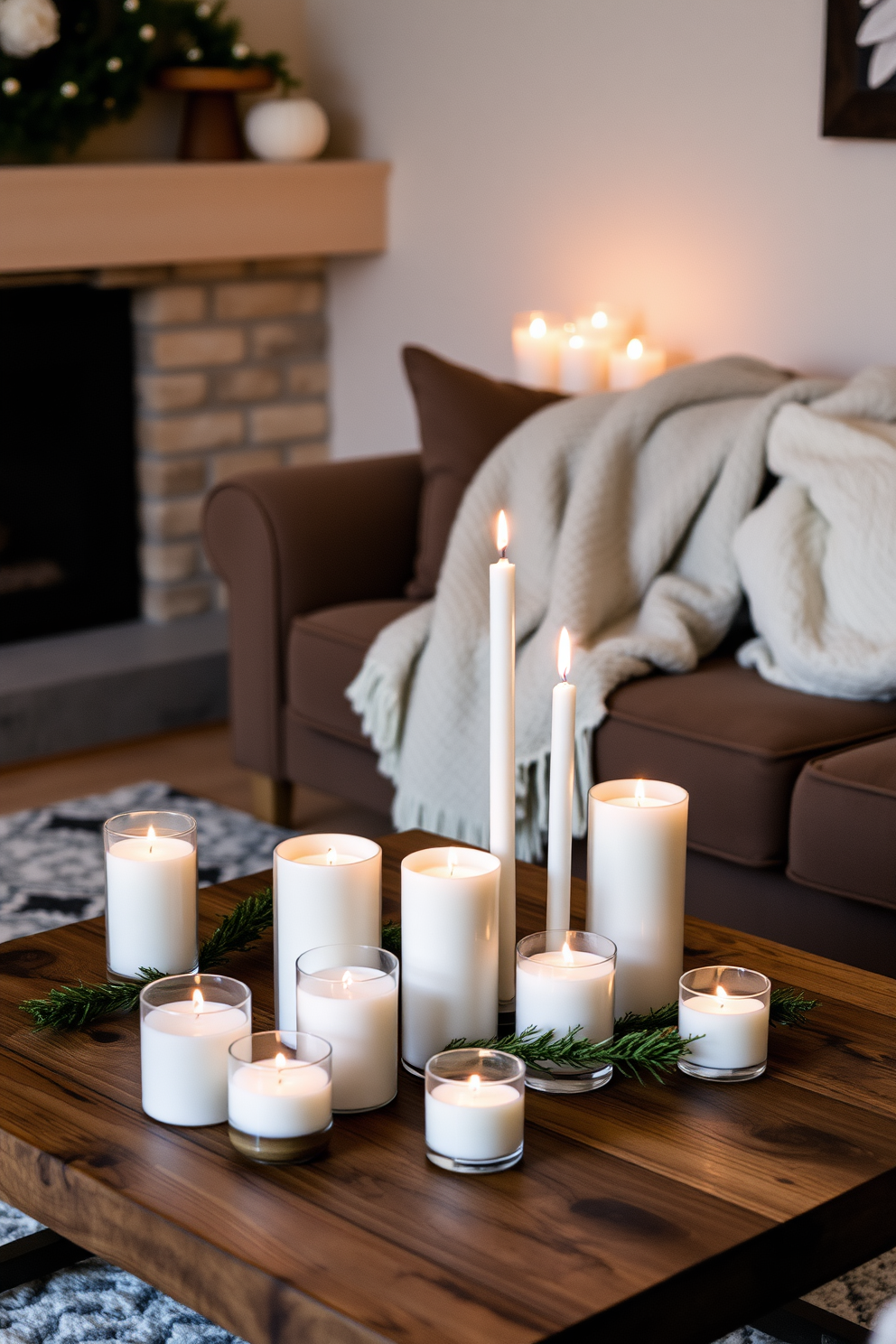 A cozy winter living room features an arrangement of candles in varied heights placed on a rustic wooden coffee table. Soft blankets are draped over a plush sofa, and a warm glow from the candles creates a welcoming atmosphere.