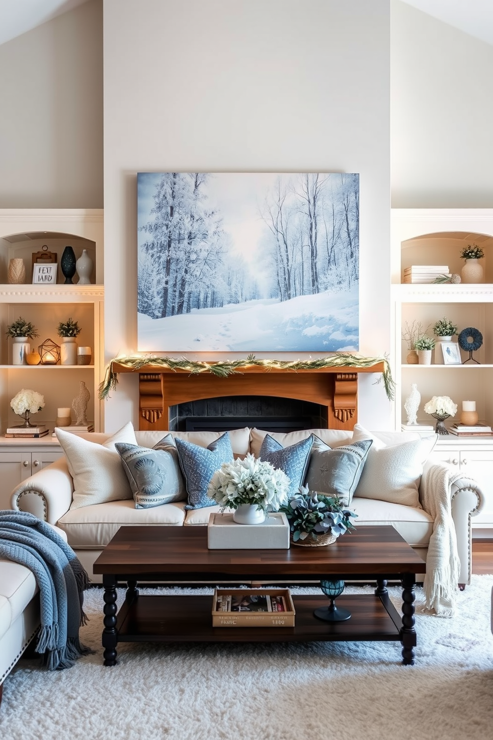 A cozy winter living room adorned with seasonal artwork showcasing serene winter landscapes. The space features a plush cream-colored sofa layered with soft throws and decorative pillows in icy blue and silver hues. A large canvas painting of a snow-covered forest hangs above a rustic wooden fireplace. Flanking the fireplace are elegant bookshelves filled with winter-themed decor and twinkling fairy lights.