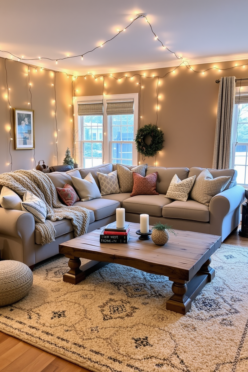 A cozy winter living room adorned with string lights that create a soft glow throughout the space. The room features a plush sectional sofa draped with a chunky knit throw and surrounded by a mix of textured cushions for added warmth. A rustic coffee table sits in the center, topped with a stack of seasonal books and a fragrant candle. The walls are painted in a warm taupe, complemented by a large area rug that adds comfort underfoot.