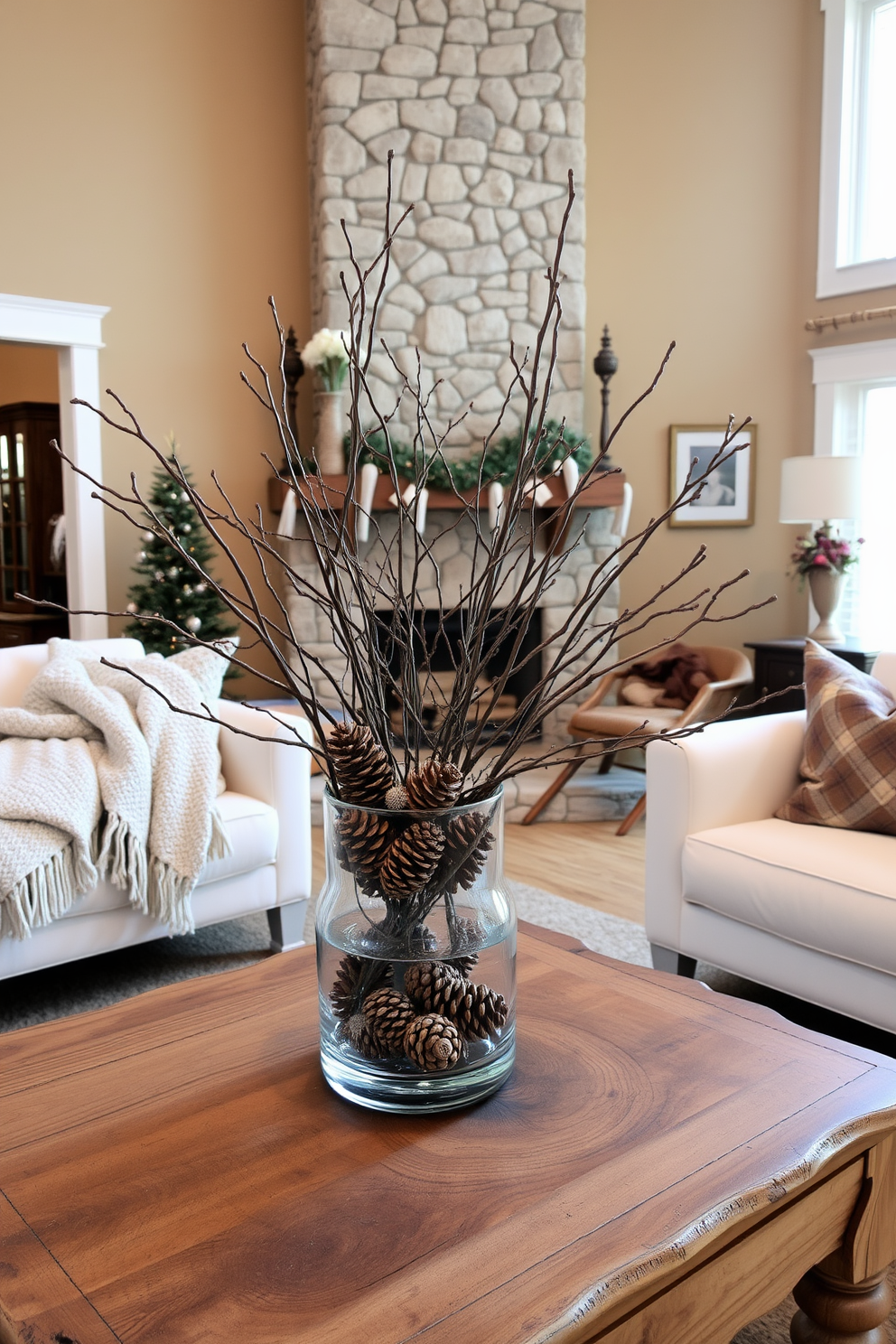 A cozy winter living room adorned with natural elements. Pinecones and branches are artfully arranged in a large glass vase on a rustic wooden coffee table. The walls are painted in a warm neutral tone, complemented by a plush cream-colored sofa draped with a soft knitted throw. A stone fireplace serves as the focal point, surrounded by logs and seasonal decor to enhance the winter ambiance.