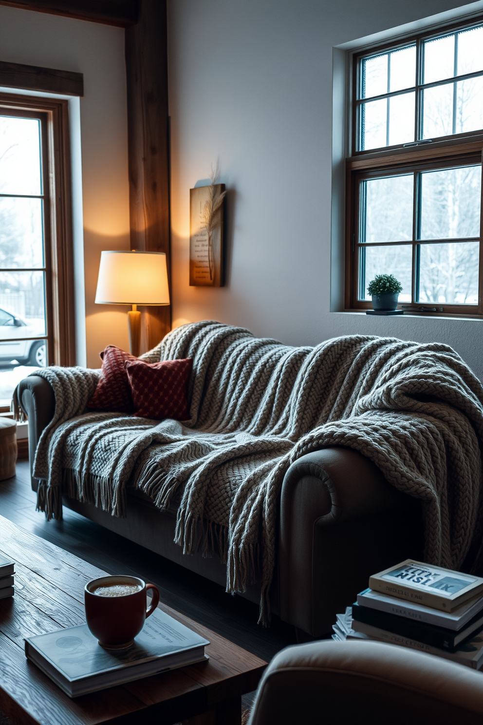 Cozy knit blankets are draped over a plush sofa and an oversized armchair, adding warmth and texture to the space. Soft, ambient lighting from a nearby floor lamp illuminates the room, creating a welcoming atmosphere. The decor features a mix of rustic wooden elements and modern accents, enhancing the winter loft aesthetic. A large window reveals a snowy landscape outside, while a coffee table holds a steaming mug and a stack of seasonal books.