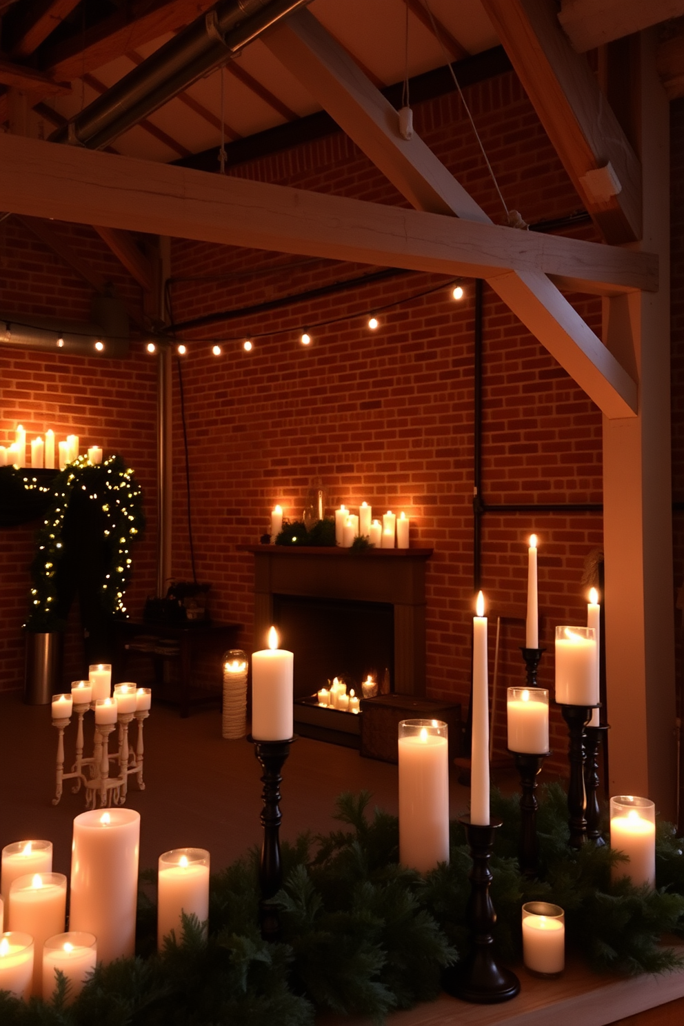 A cozy winter loft setting featuring candles in various heights scattered throughout the space. The flickering candlelight casts a warm glow on the exposed brick walls and wooden beams, creating an inviting atmosphere.