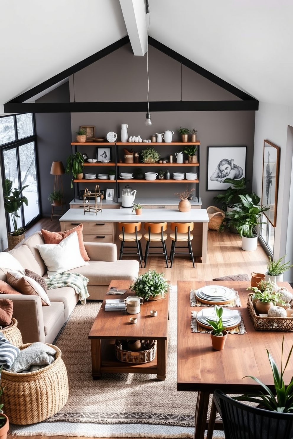 A cozy winter loft setting filled with natural light. Large windows showcase the snowy landscape outside, while inside, potted winter plants add a touch of greenery to the space. The living area features a plush sectional sofa adorned with soft throw blankets and textured pillows. A rustic wooden coffee table sits in the center, surrounded by woven baskets for storage and an inviting area rug. In the kitchen, open shelving displays elegant dishware and seasonal decor. A wooden dining table, set for a warm gathering, is complemented by stylish chairs and a centerpiece of fresh winter foliage. The bedroom exudes warmth with layered bedding and a mix of textures. A statement piece of art hangs above the bed, and potted plants bring life to the corners of the room.