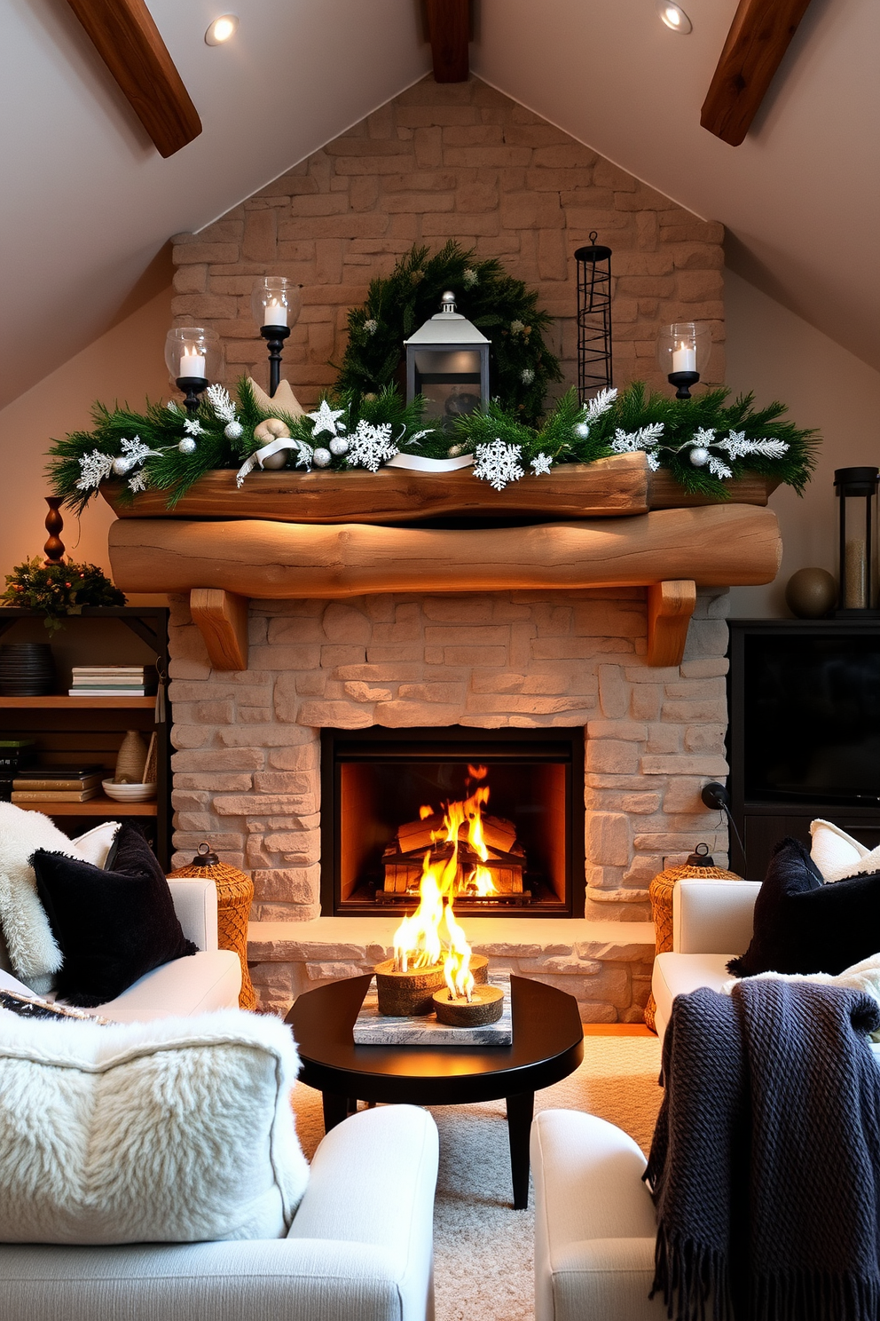 A cozy winter loft features a stunning fireplace as the centerpiece, surrounded by a rustic wooden mantel adorned with seasonal decorations. Plush seating in soft, neutral tones invites relaxation, while warm throws and decorative pillows add comfort and style.