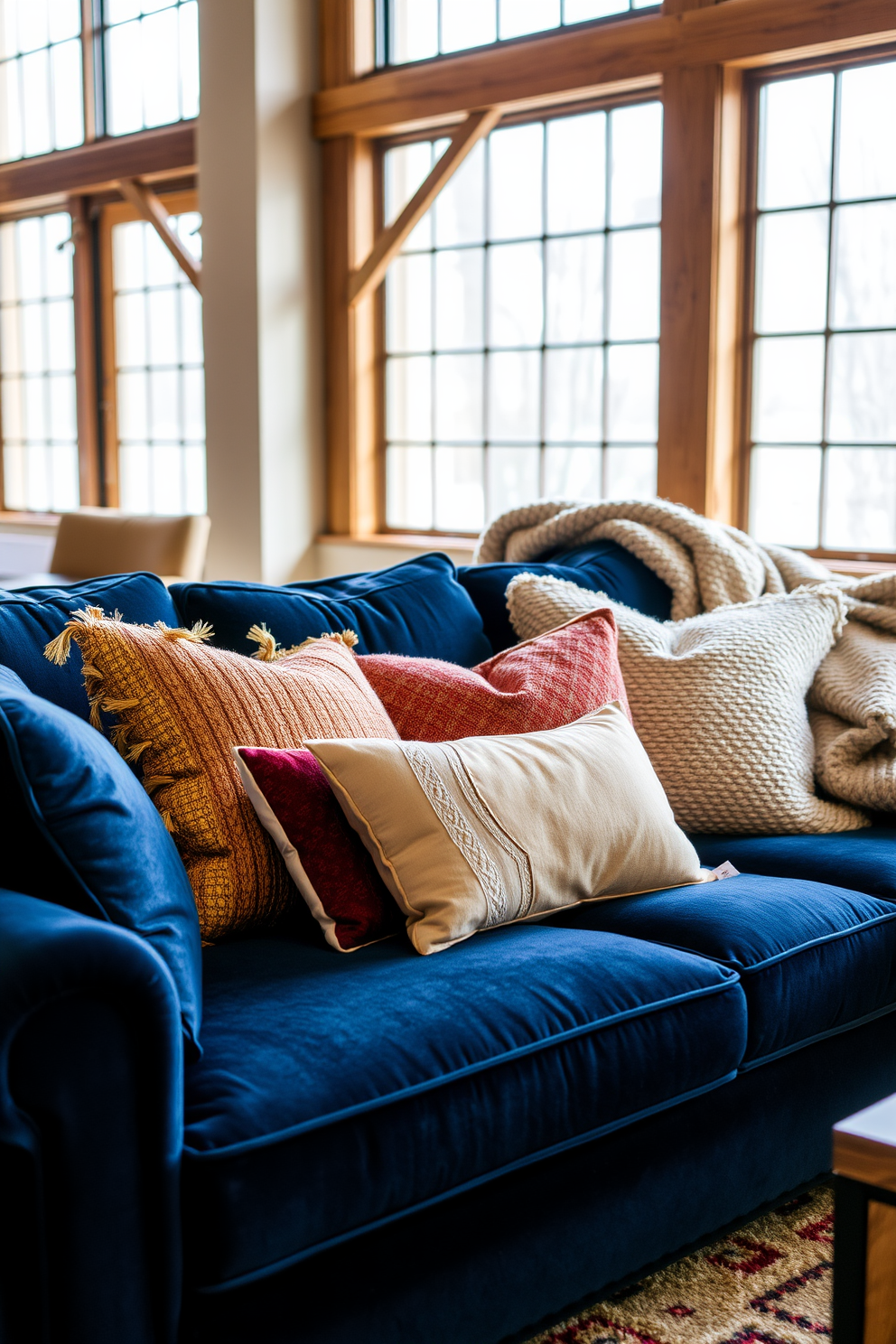 Textured throw pillows in rich fabrics are arranged on a deep blue velvet sofa, creating a cozy and inviting atmosphere. The pillows feature a mix of patterns and colors, including gold, burgundy, and cream, enhancing the winter loft's warm aesthetic. A large woolen throw is draped over one arm of the sofa, adding an extra layer of comfort. Natural light streams in through large windows, illuminating the space and highlighting the textures of the fabrics.