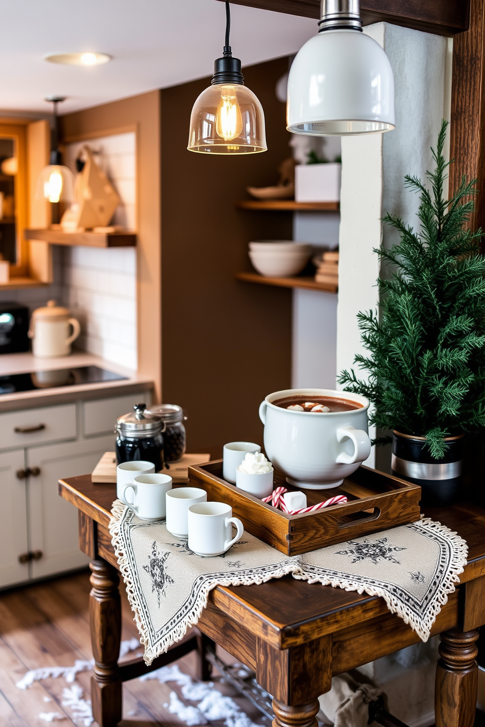 Create a cozy hot cocoa station in a winter loft kitchen. The station features a rustic wooden table adorned with a vintage tablecloth and a variety of mugs neatly arranged on a wooden tray. A large ceramic pot filled with rich hot cocoa sits atop the table, surrounded by toppings like whipped cream, marshmallows, and peppermint sticks. Soft, warm lighting from hanging pendant lights creates an inviting atmosphere, while a small evergreen tree adds a touch of festive greenery to the corner.