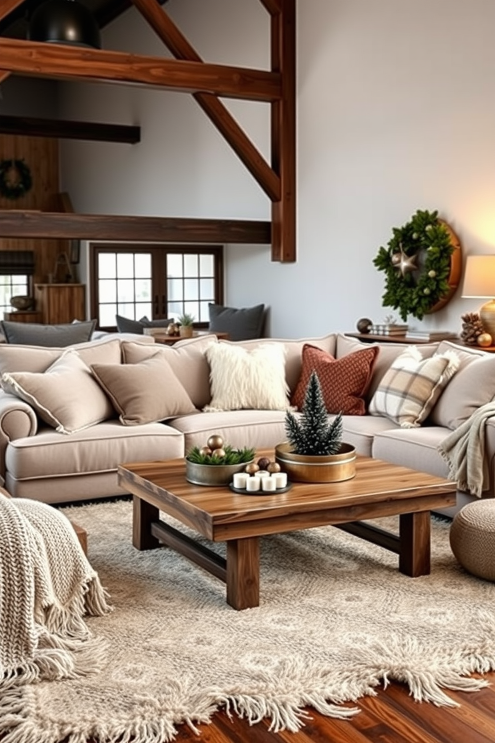 Create a cozy winter loft living space featuring oversized cushions in various textures and colors arranged on a large, plush sofa. The room is illuminated by warm lighting, with a rustic wooden coffee table at the center, surrounded by soft throw blankets and seasonal decor.