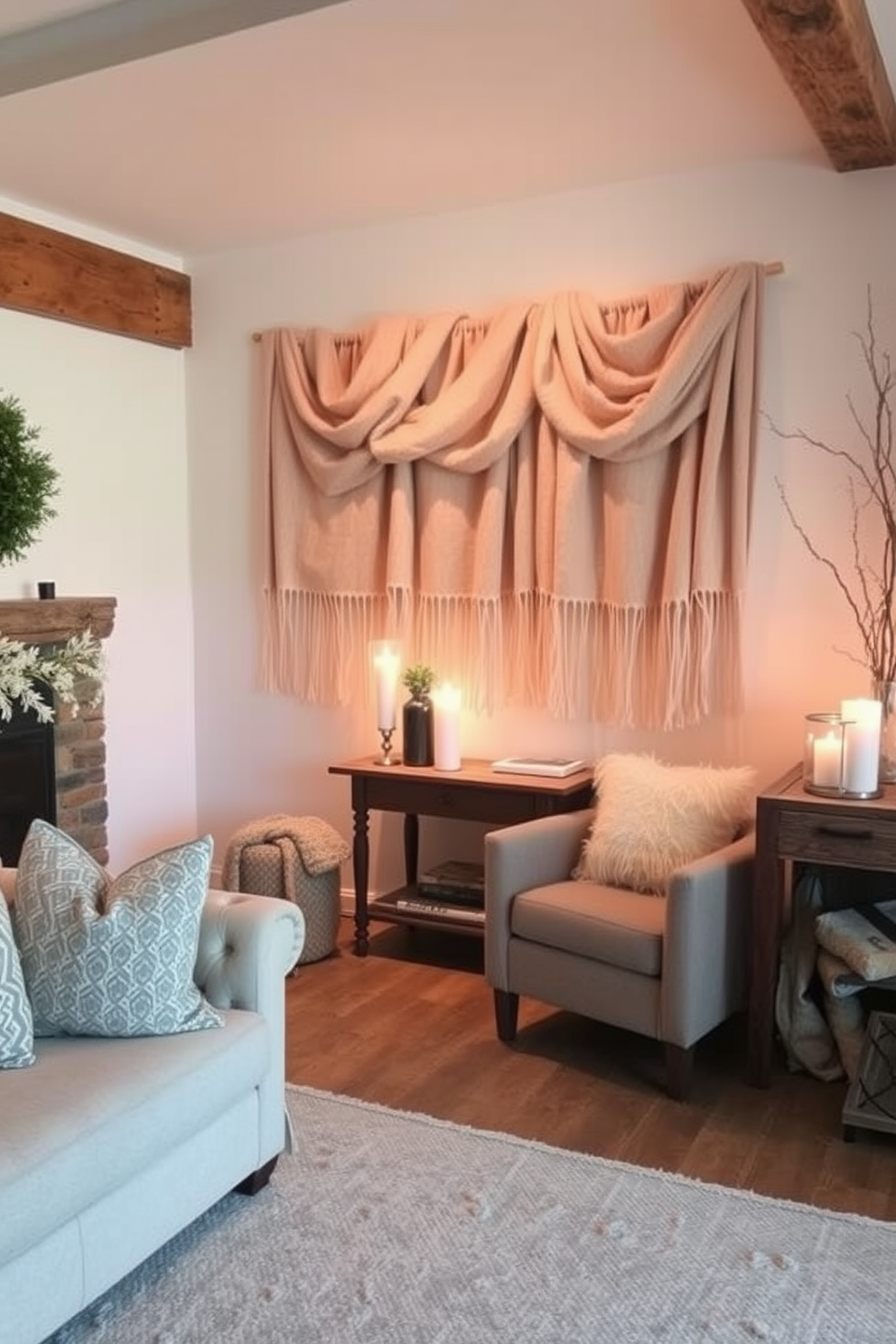 Cozy winter fabrics drape elegantly as wall art creating a warm and inviting atmosphere. The room features a blend of soft textures and neutral tones, accented by rustic wooden elements and ambient lighting.