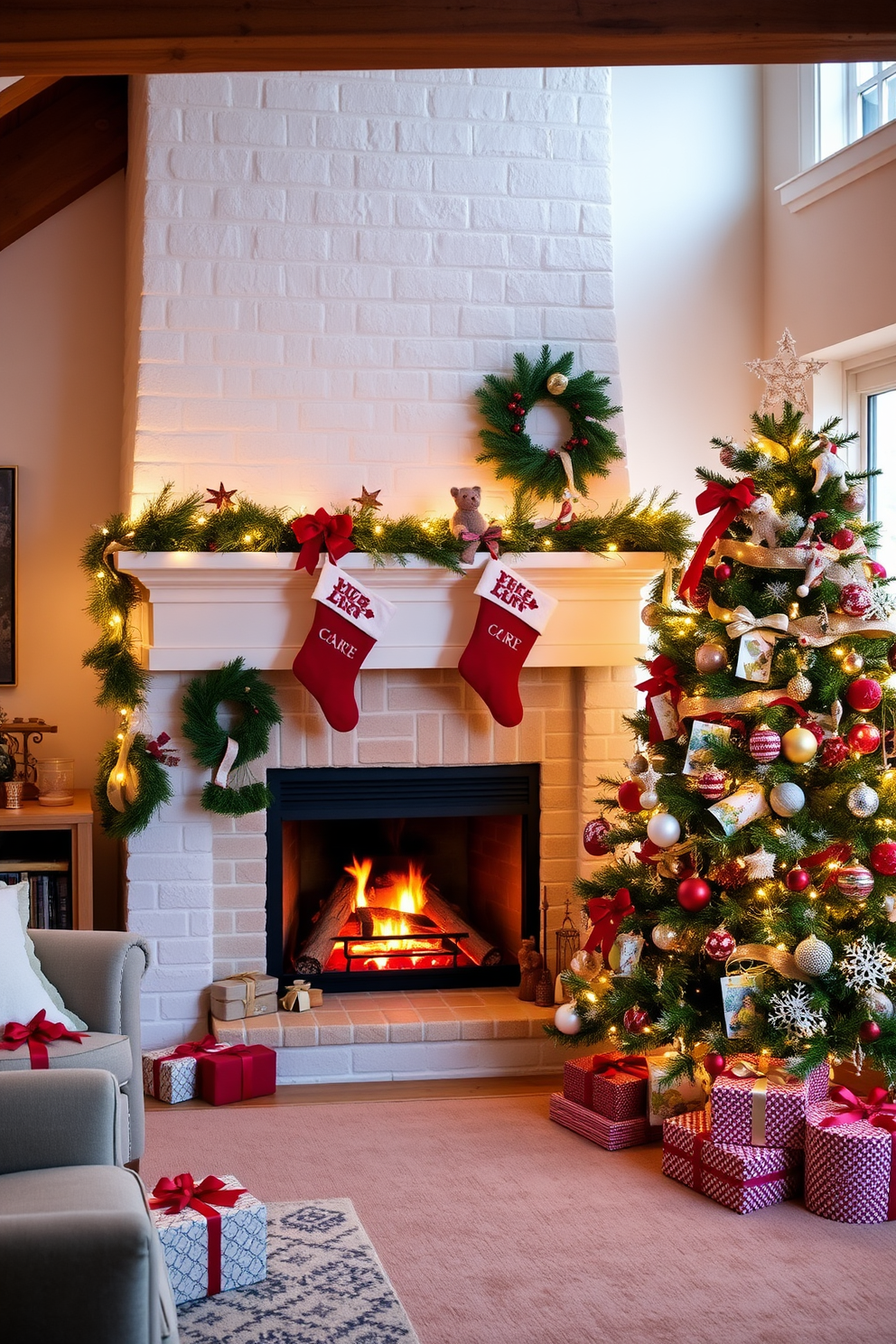 Create a cozy winter loft setting that features a beautifully decorated fireplace with holiday-themed garlands and stockings hung with care. The room is adorned with twinkling fairy lights and a large Christmas tree in the corner, surrounded by wrapped gifts and seasonal ornaments.