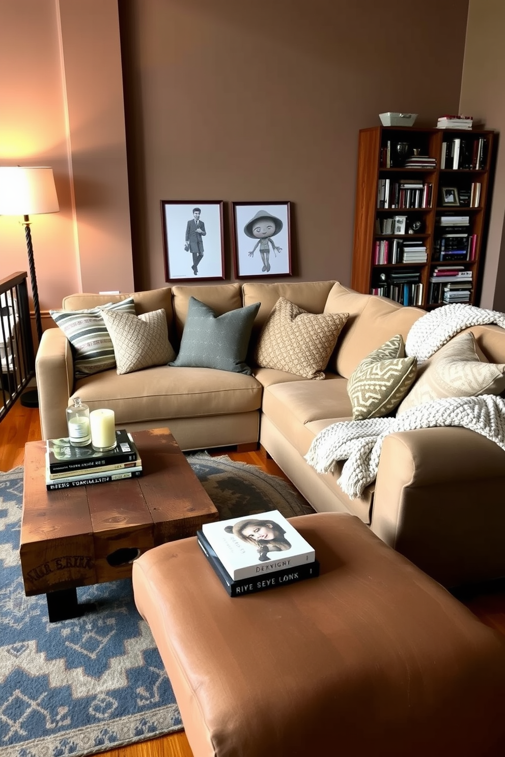 A cozy winter loft setting featuring a large sectional sofa adorned with a mix of textured throw pillows in various patterns. The walls are painted in a warm taupe, and a knitted blanket is draped over the arm of the sofa, inviting relaxation. A rustic coffee table made of reclaimed wood sits in front of the sofa, topped with a stack of design books and a scented candle. A patterned area rug in shades of deep blue and cream anchors the seating area, adding warmth to the hardwood floor. On one side of the loft, a tall bookshelf filled with an eclectic collection of books and decorative items adds character to the space. Soft, ambient lighting from a stylish floor lamp creates a welcoming atmosphere for winter evenings.