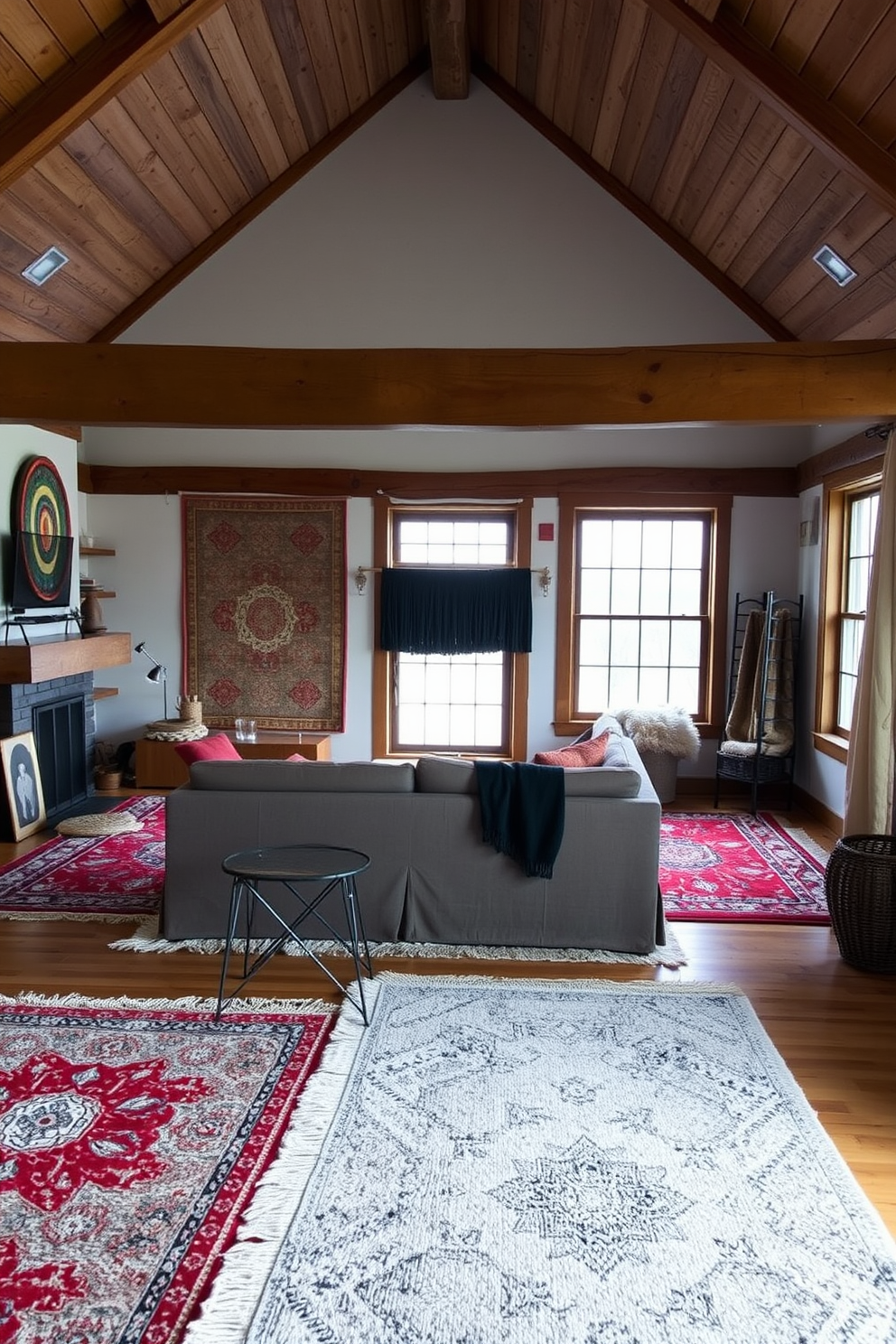 A cozy winter loft featuring layered rugs that add warmth and texture to the space. The rugs are arranged in a way that complements the natural wood flooring and enhances the inviting atmosphere of the room.