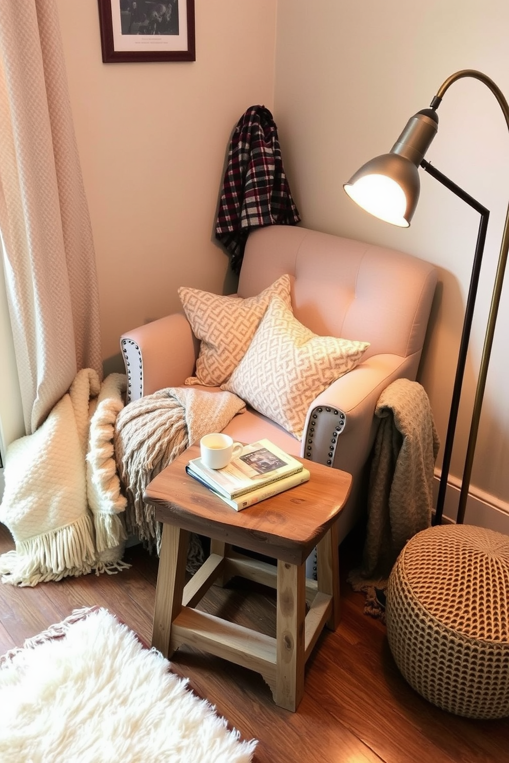 Create a cozy reading nook featuring a plush armchair in a soft gray fabric. Surround the chair with an assortment of warm blankets in various textures and patterns to enhance comfort and style. Incorporate a small side table made of reclaimed wood to hold a steaming cup of tea and a stack of favorite books. Add a floor lamp with a warm glow to create an inviting atmosphere perfect for winter evenings.