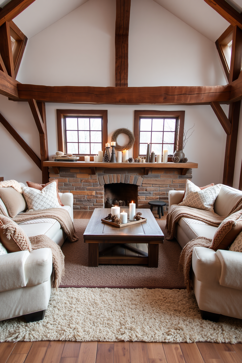 A cozy winter loft setting featuring exposed wooden beams and a warm wooden coffee table in the center. Plush, oversized sofas are adorned with soft, textured throws and decorative pillows in earthy tones. The walls are painted in a soft white to enhance the natural light streaming in from large windows. A rustic wooden shelf displays an array of winter-themed decor, including candles and pinecones, creating a welcoming atmosphere.