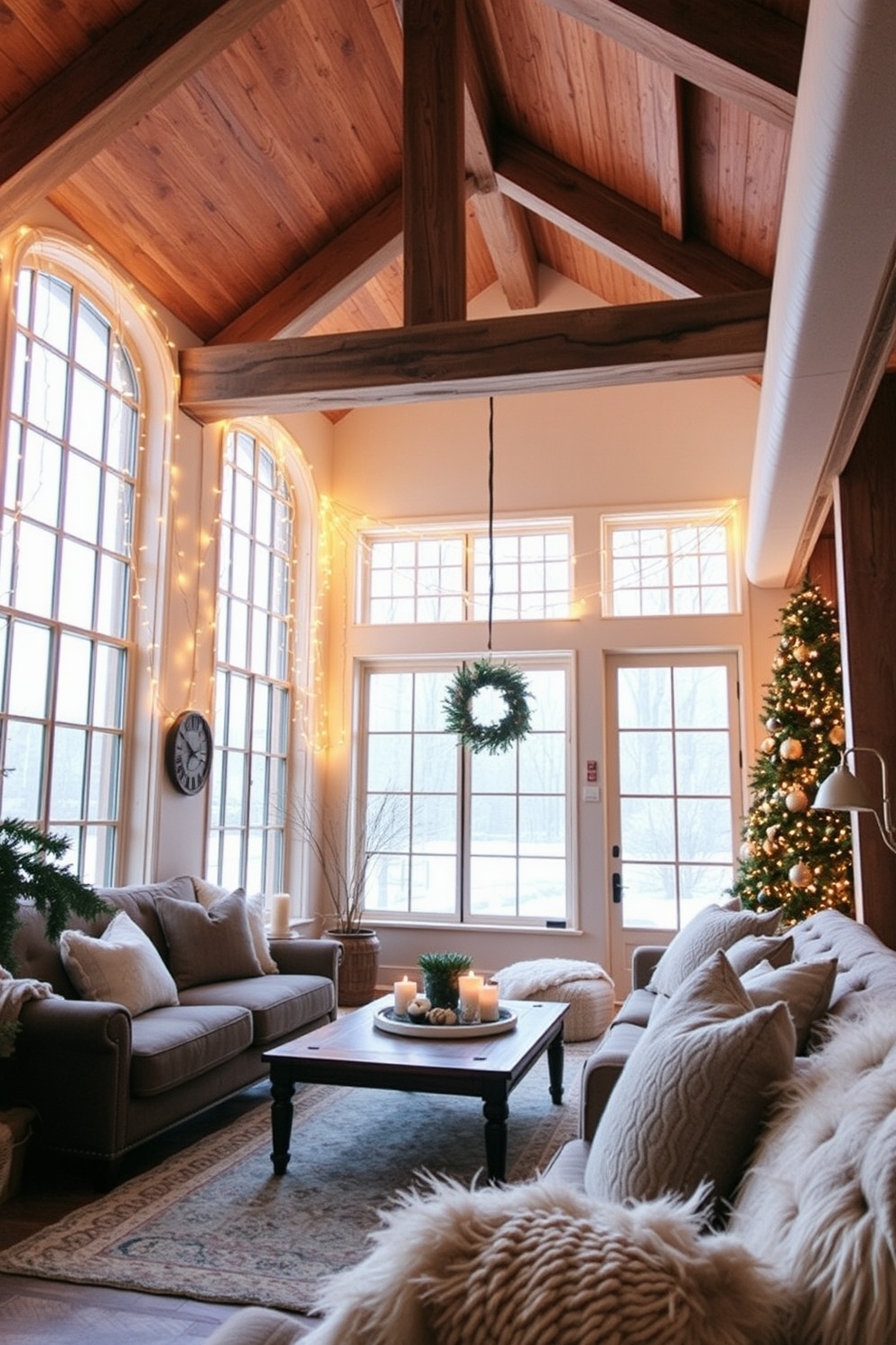 Create a cozy winter loft atmosphere by hanging warm white fairy lights around large windows to enhance the natural light. The soft glow of the lights complements the rustic wooden beams and plush textiles, creating an inviting and festive ambiance.