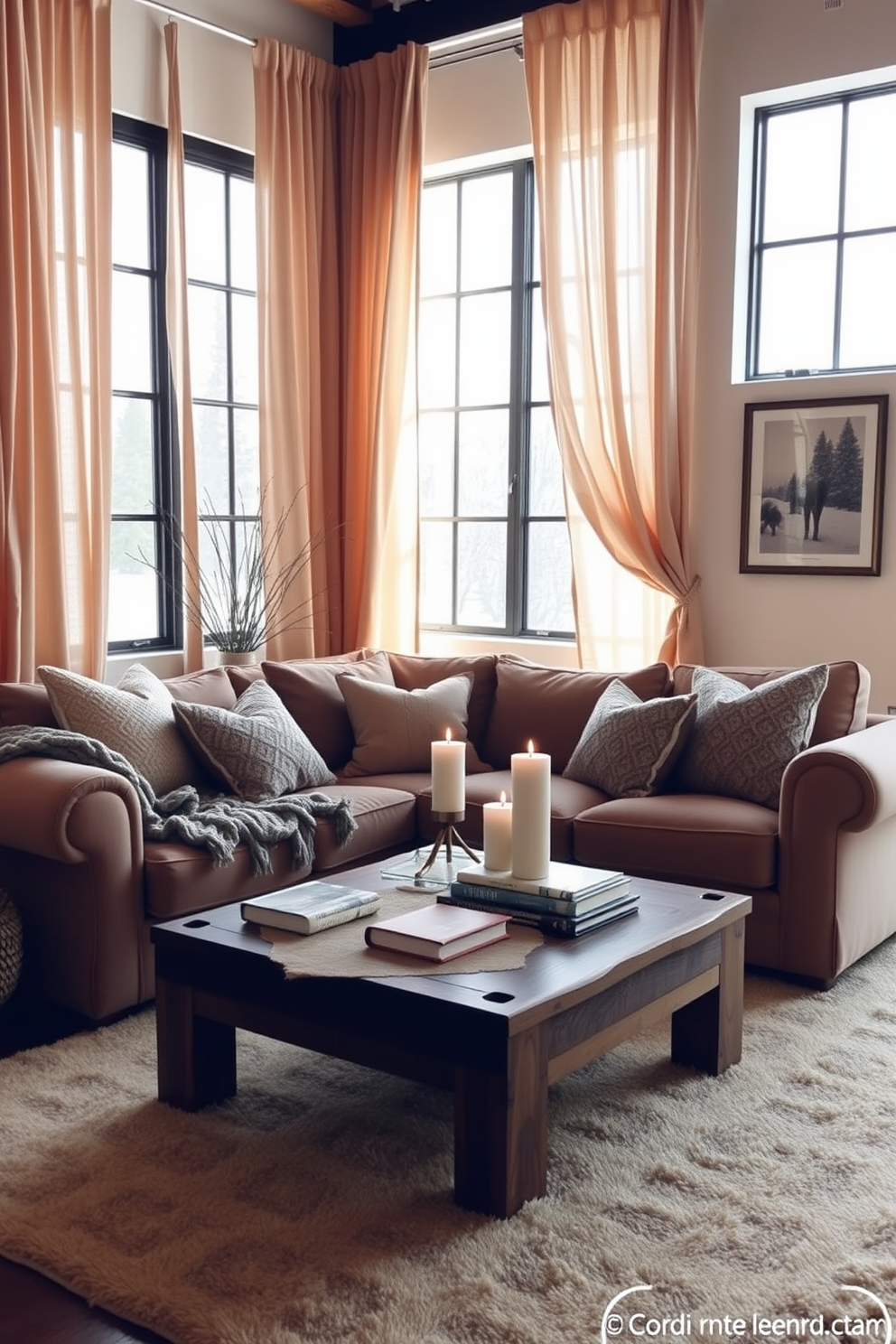 A cozy winter loft setting with soft, warm-toned curtains gently draping over large windows that allow natural light to filter in. The space features a plush, oversized sofa adorned with textured throw pillows and a chunky knit blanket for added warmth. A rustic wooden coffee table sits in front of the sofa, topped with a few carefully arranged candles and a stylish stack of coffee table books. The walls are decorated with framed winter-themed artwork, and a soft area rug anchors the seating area, enhancing the inviting atmosphere.