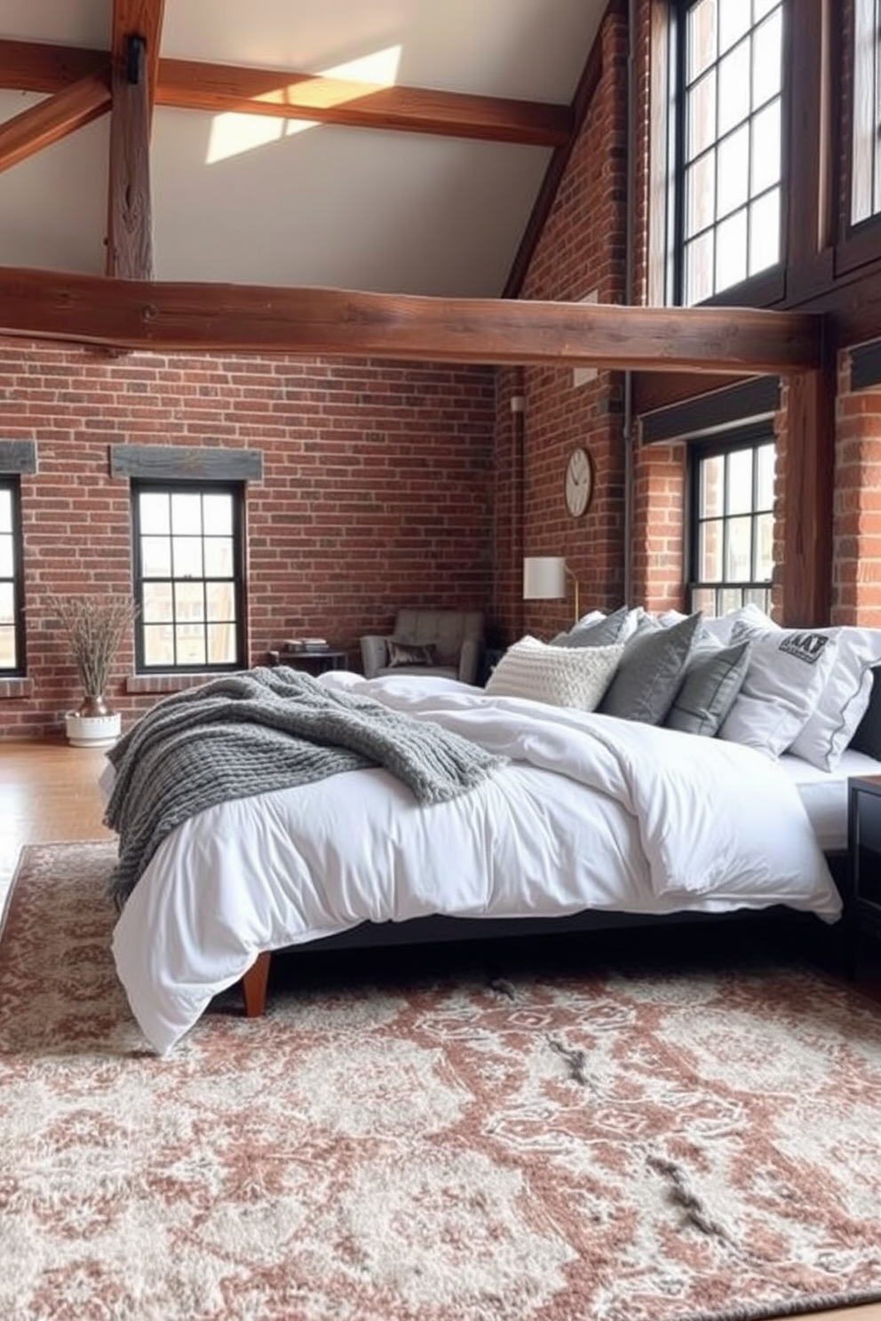 A cozy winter loft bedroom featuring a layered bedding look. The bed is dressed with a mix of plush white and gray blankets, topped with a chunky knit throw and an assortment of decorative pillows in soft textures. Natural light filters through large windows, illuminating the room's rustic wooden beams and exposed brick walls. A stylish area rug anchors the space, complementing the warm tones of the bedding and creating an inviting atmosphere.