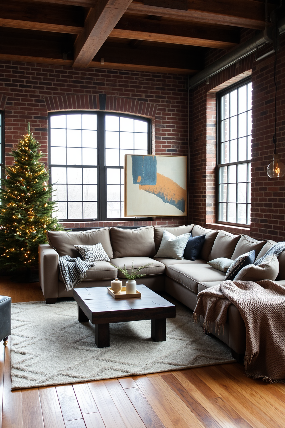 A cozy winter loft living space featuring exposed brick walls and large windows that allow natural light to flood the room. A plush sectional sofa is arranged around a rustic wooden coffee table, and a large statement piece of art hangs above the sofa, adding a pop of color to the neutral palette. In the corner, a tall evergreen tree adorned with warm white lights brings a festive touch to the space. Soft, textured throw blankets and pillows are scattered across the sofa, inviting relaxation and comfort during the chilly winter months.