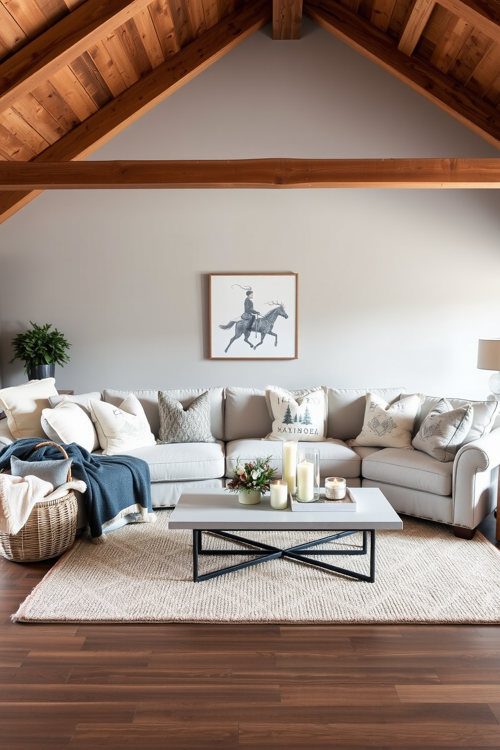 A cozy winter loft setting featuring a large sectional sofa adorned with plush throw pillows. Stylish wicker baskets are neatly arranged beside the sofa, filled with soft throws for warmth and comfort. The walls are painted in a soft gray tone, contrasting beautifully with the rustic wooden beams overhead. A large area rug anchors the space, while a modern coffee table sits at the center, adorned with seasonal decor and candles.