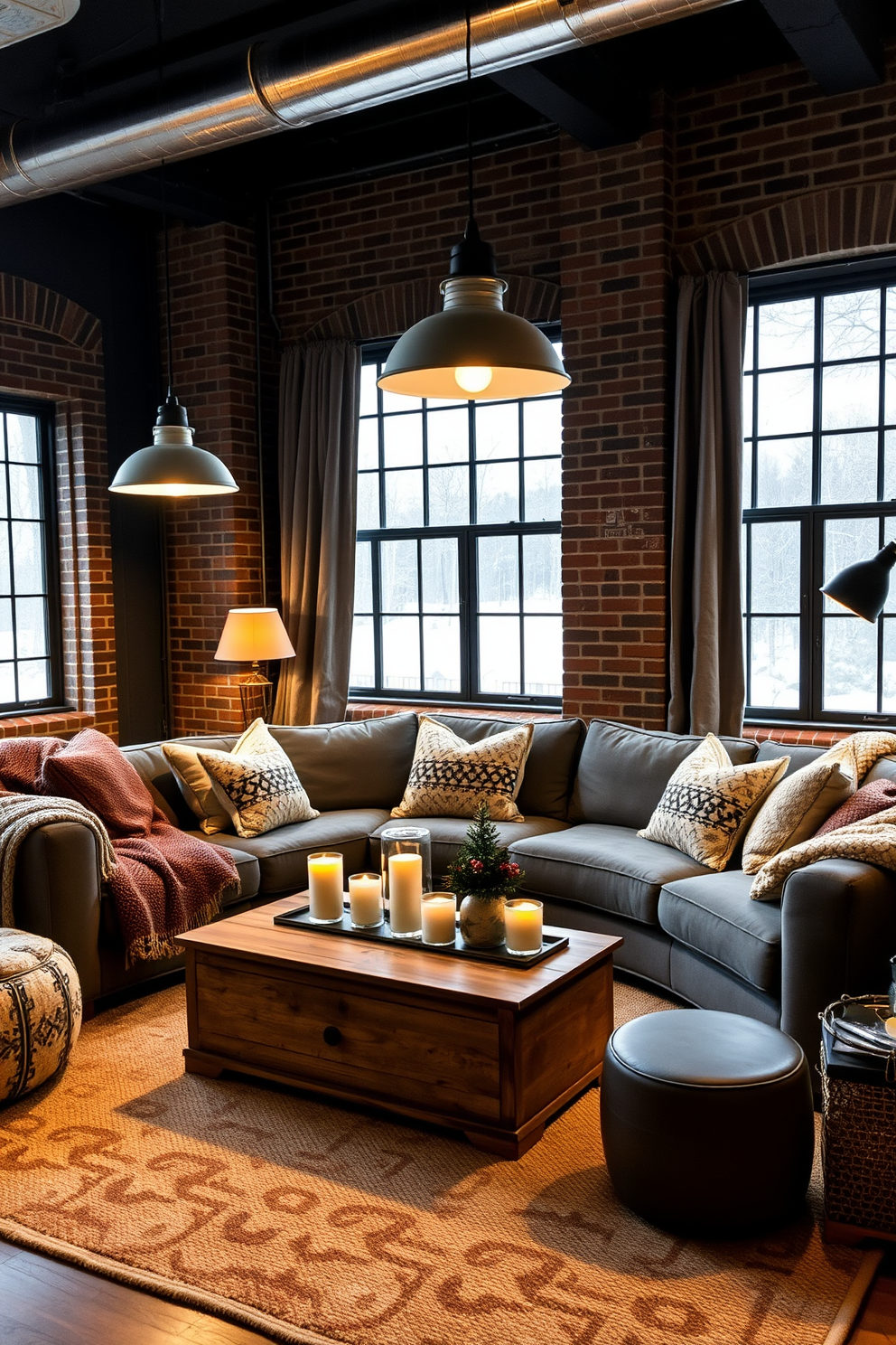 A cozy winter loft setting with exposed brick walls painted in deep navy blue. Soft, ambient lighting from industrial-style lamps casts a warm glow over a plush gray sectional sofa adorned with textured throw blankets and oversized pillows. A rustic wooden coffee table sits in the center, topped with a collection of candles and seasonal decor. Large windows dressed with heavy drapes allow glimpses of a snowy landscape outside, enhancing the moody atmosphere.