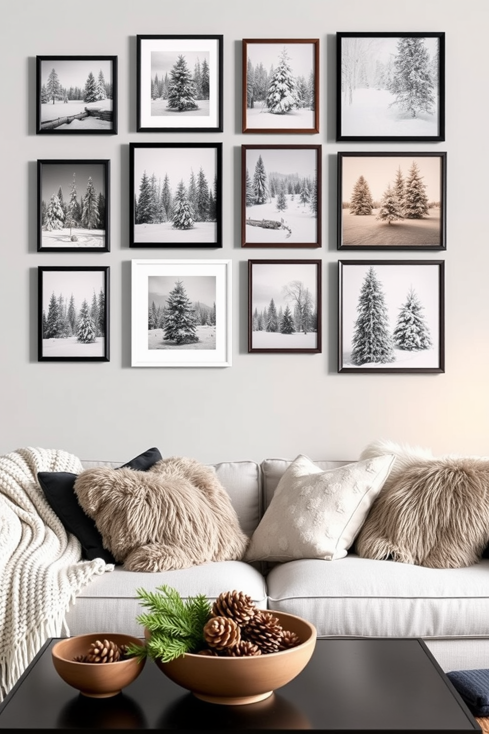 Create a gallery wall featuring a collection of winter photos showcasing snowy landscapes and cozy indoor scenes. The frames should vary in size and style, arranged in an eclectic yet harmonious layout on a soft gray wall. Incorporate winter loft decorating ideas by using plush textiles such as a chunky knit throw and faux fur pillows on a modern sofa. Add natural elements like pinecones and evergreen branches in decorative bowls to enhance the seasonal ambiance.