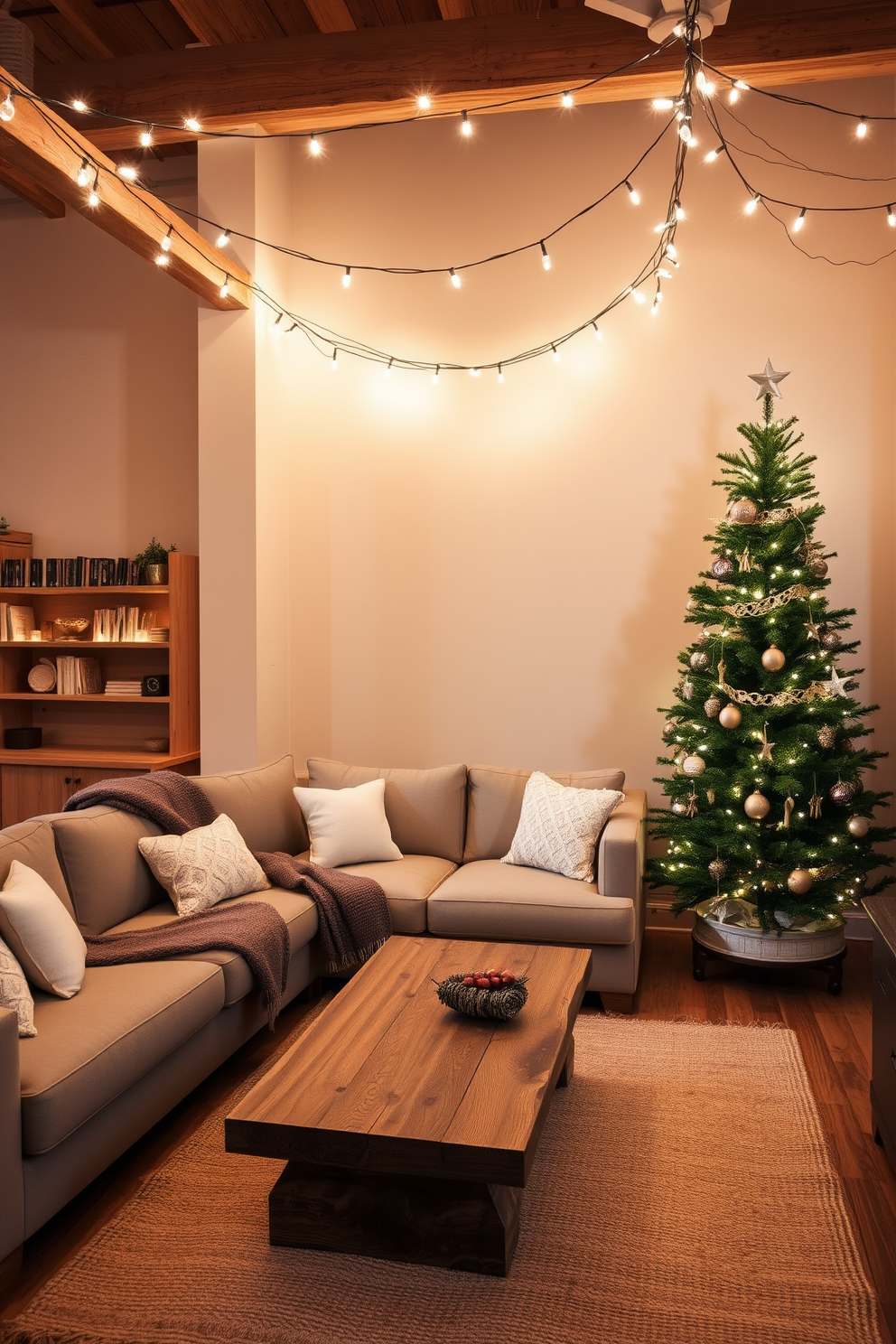 A cozy winter loft setting adorned with warm lighting from string lights draped across the ceiling. The space features a large sectional sofa with plush throw blankets and a rustic coffee table made of reclaimed wood. In one corner, a tall evergreen tree is decorated with soft white lights and handmade ornaments. The walls are painted in a soft beige, complementing the natural wood accents throughout the room.