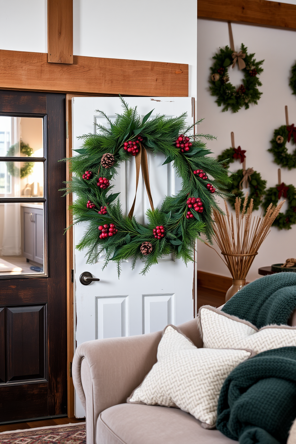 A cozy winter loft setting. The front door is adorned with a lush seasonal wreath made of pine branches, red berries, and pine cones, creating a warm welcome. Inside, the walls are decorated with smaller wreaths that echo the seasonal theme, enhancing the rustic charm of the loft. Soft, textured blankets and pillows in shades of deep green and cream are scattered on a plush sofa, inviting relaxation.