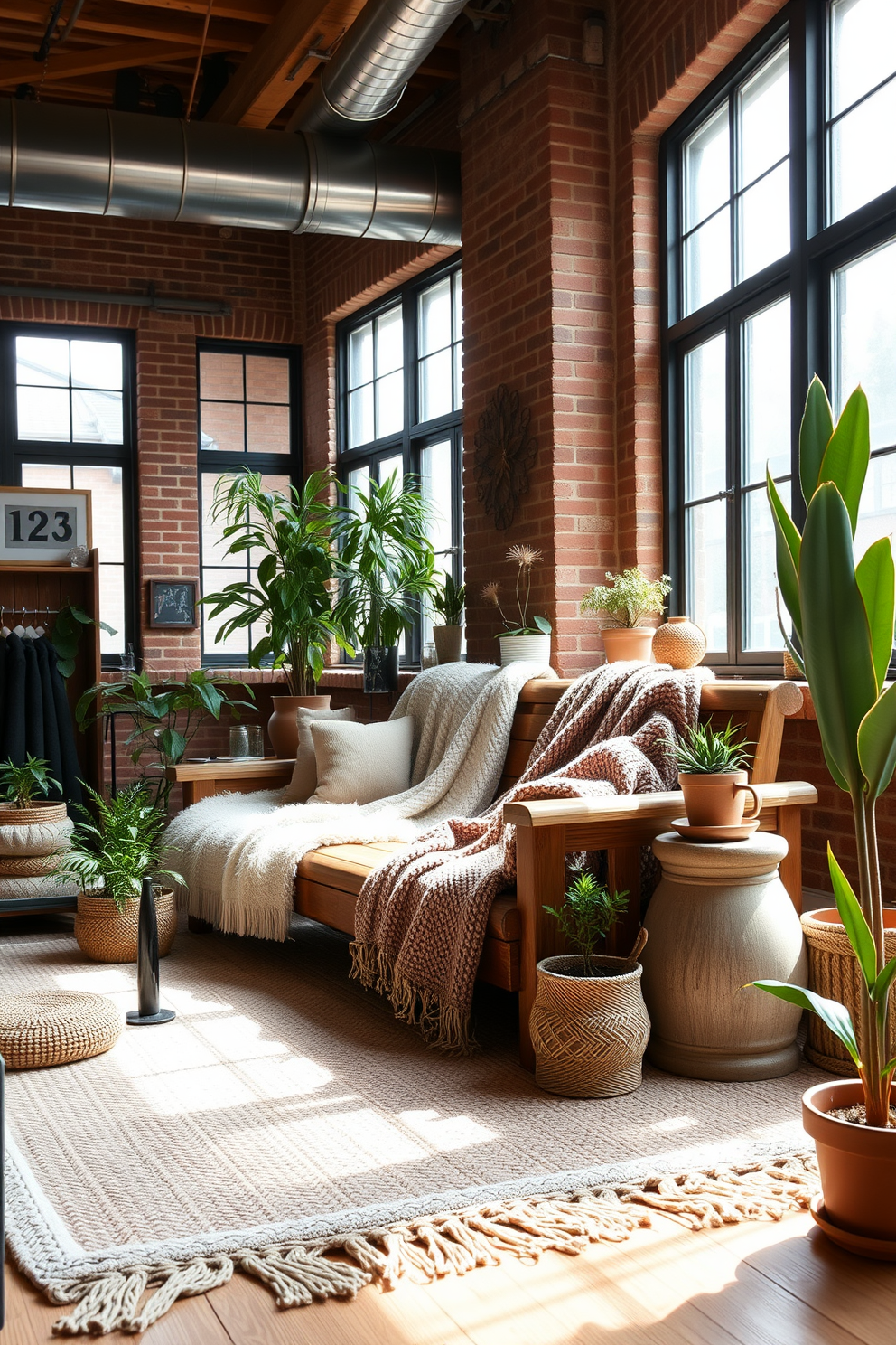 A cozy winter loft setting featuring an earthy color palette that promotes a calming vibe. The space is adorned with soft textures, including a plush area rug and knitted throws draped over a rustic wooden sofa. Large windows allow natural light to flood the room, highlighting the warm tones of the exposed brick walls. Potted plants in varied sizes are strategically placed throughout the space, adding a touch of nature and tranquility.