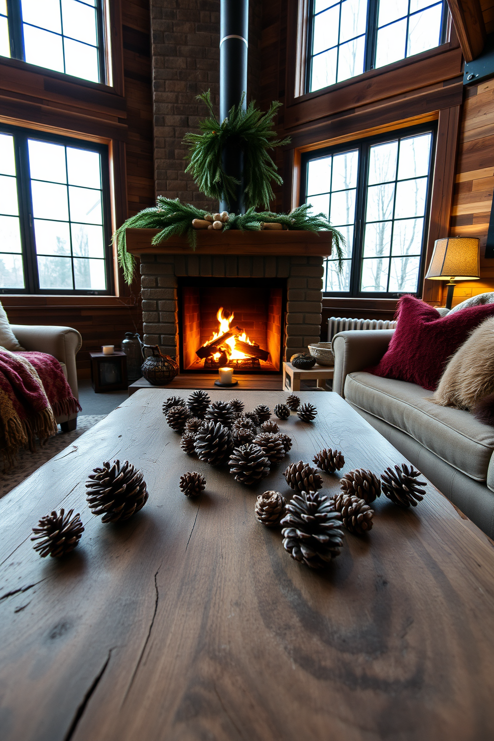 A cozy winter loft setting adorned with natural elements. Pinecones are scattered artfully across a rustic wooden coffee table, complementing the warm glow of a crackling fireplace. The walls are lined with reclaimed wood, and large windows allow soft, diffused light to enter the space. Plush throws and cushions in earthy tones invite relaxation, creating a serene atmosphere perfect for winter gatherings.