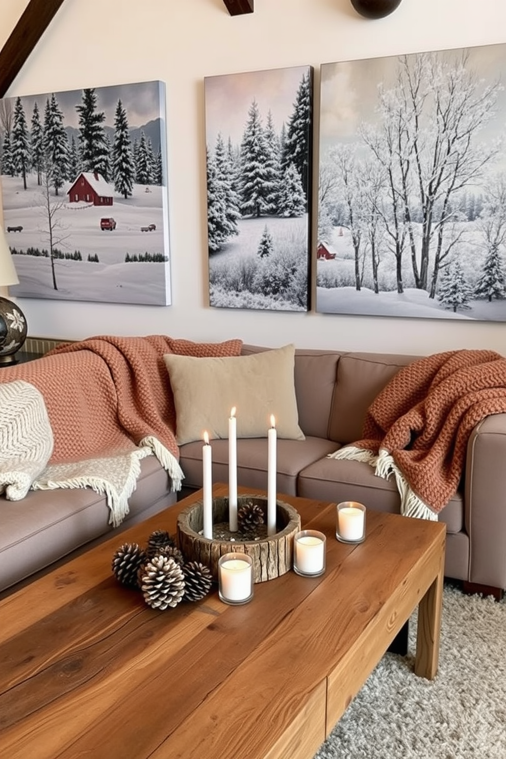 A cozy winter loft adorned with winter-themed artwork. The walls feature large canvas paintings of snowy landscapes and frosty trees, creating a serene atmosphere. Soft, textured blankets in neutral tones drape over a plush sofa, inviting relaxation. A rustic wooden coffee table is topped with seasonal decorations like pinecones and candles, enhancing the winter charm.