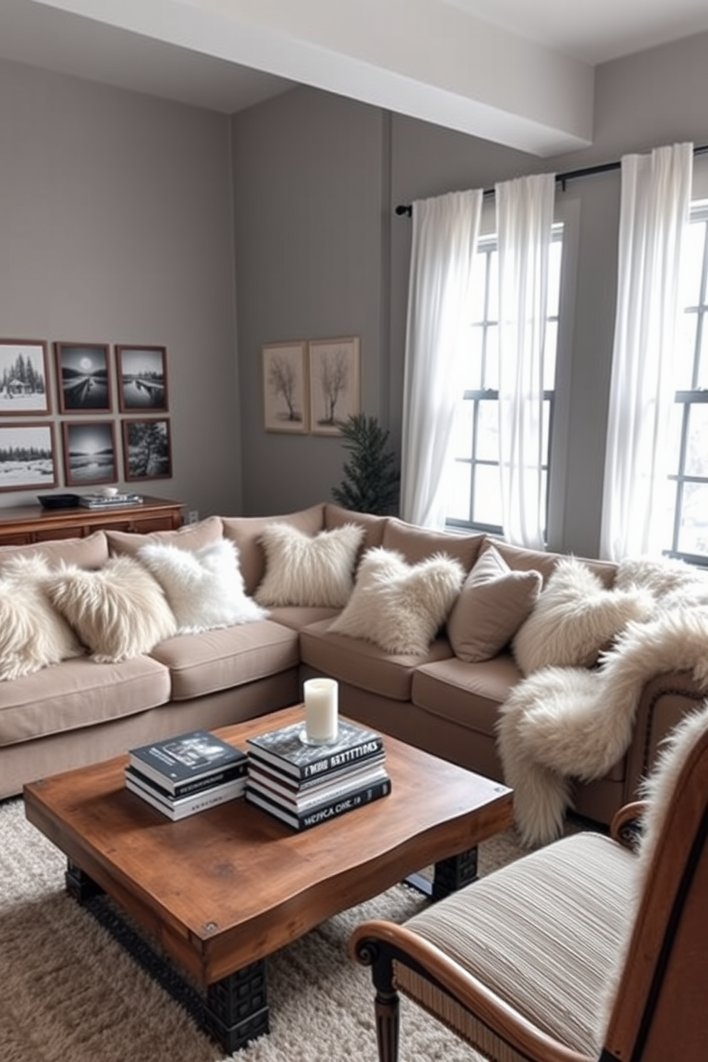 A cozy winter loft setting filled with warmth and style. The space features a large sectional sofa adorned with plush faux fur pillows in soft neutral tones. A rustic wooden coffee table sits in front of the sofa, topped with a stack of stylish coffee table books and a scented candle. Large windows draped with sheer white curtains allow natural light to flood the room, enhancing the inviting atmosphere. In one corner, a faux fur throw is casually draped over a vintage armchair, creating a perfect reading nook. The walls are painted in a soft gray, complemented by a gallery of framed winter landscape art.