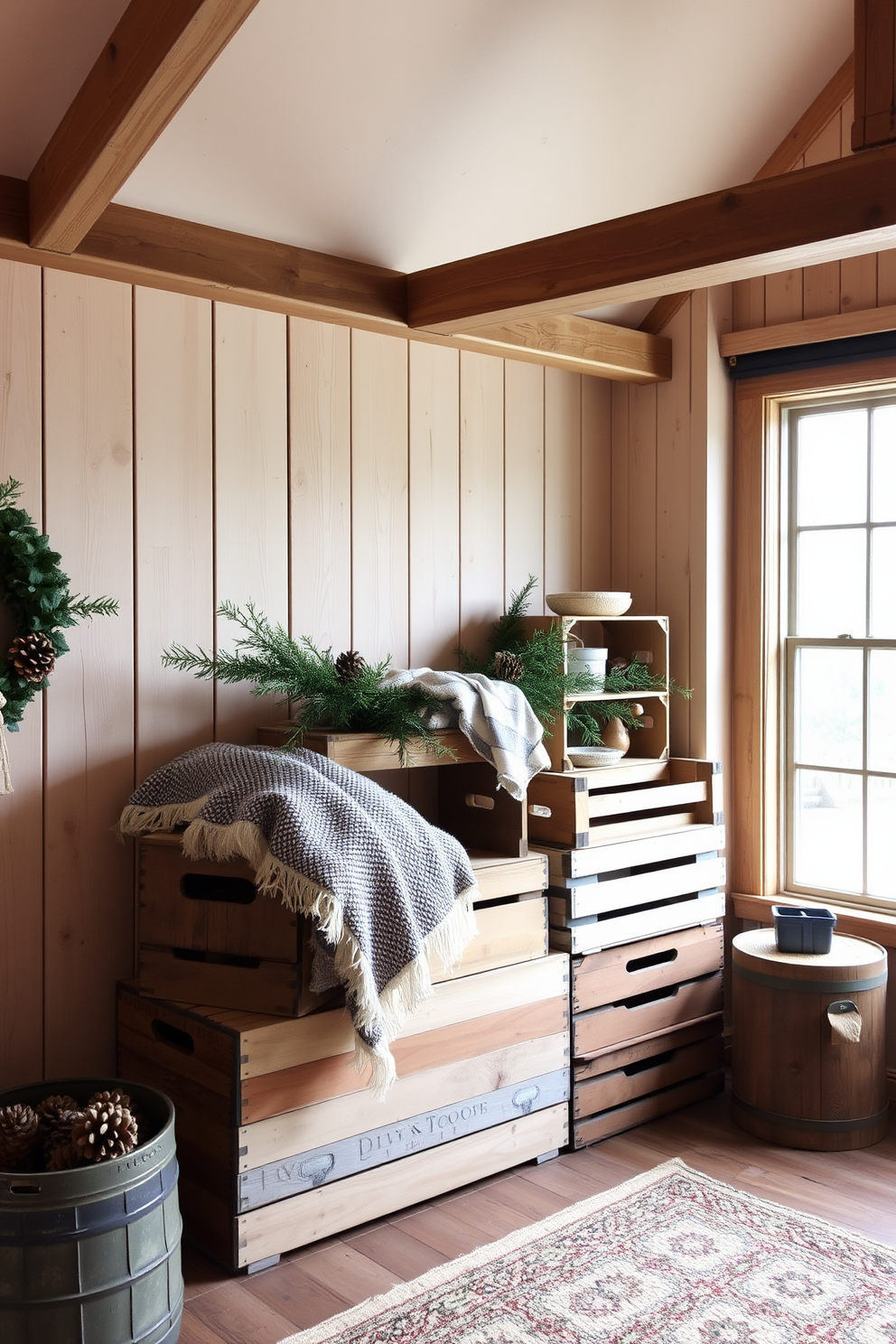 Vintage wooden crates are stacked in a cozy corner of the room, serving as both storage and a rustic decorative element. Soft, warm lighting illuminates the space, highlighting the natural wood textures and creating an inviting atmosphere. The loft is adorned with winter-themed decor, featuring plush blankets draped over the crates and seasonal accents like pinecones and evergreen branches. A large window allows natural light to flood in, enhancing the charm of the vintage storage and the overall winter ambiance.