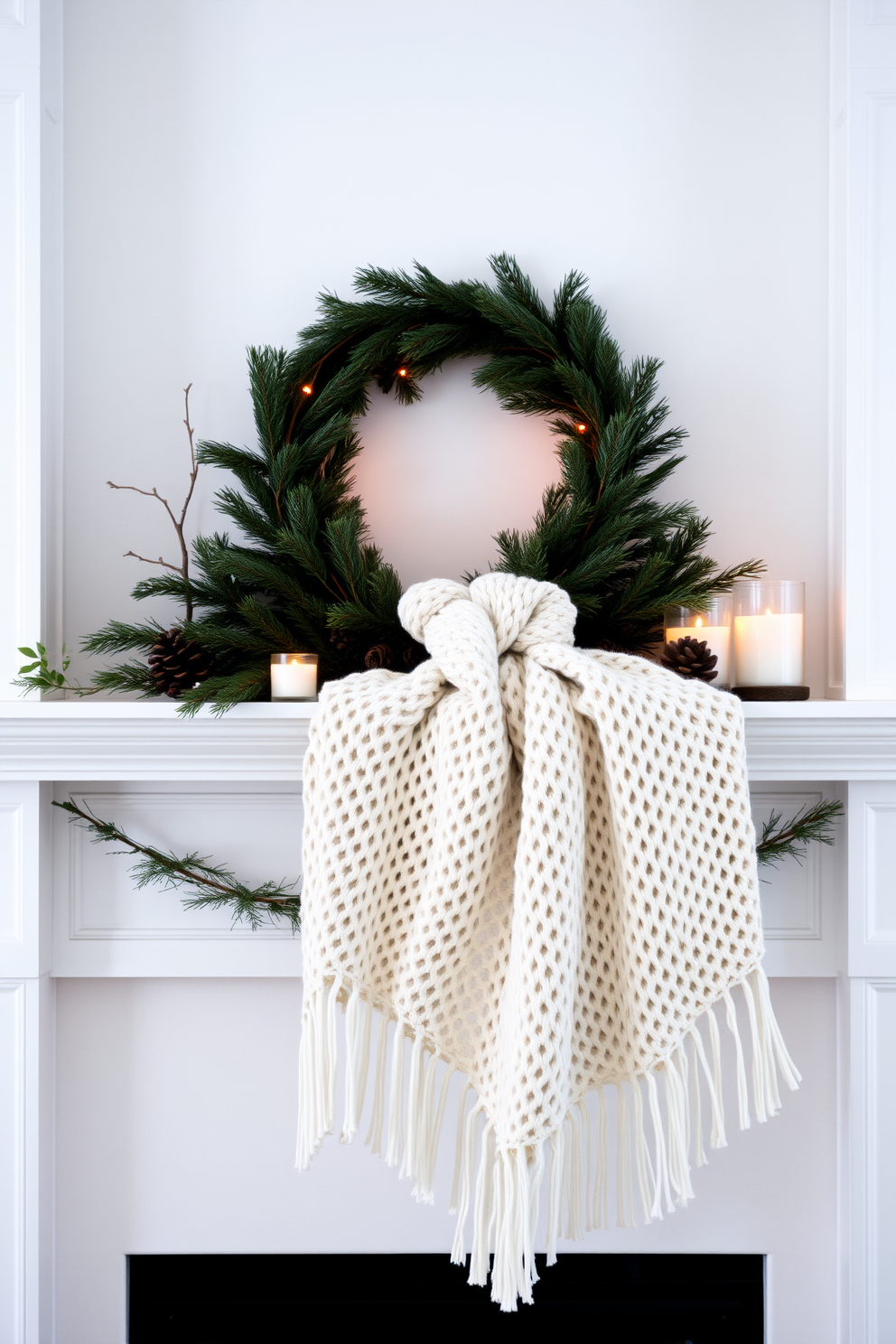 A cozy winter mantel adorned with a beautifully knitted throw draped elegantly across the top. Soft, warm lighting highlights the textures of the throw while a few carefully arranged pinecones and candles add a touch of seasonal charm.