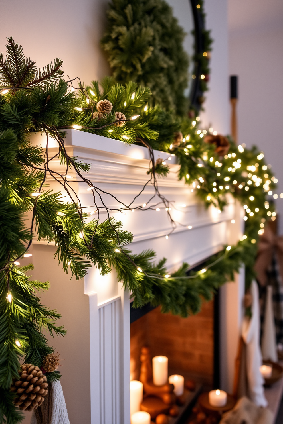 A cozy winter mantel adorned with soft fairy lights intertwined with lush green garland. The warm glow of the lights creates an inviting atmosphere, complemented by rustic ornaments and seasonal decorations.