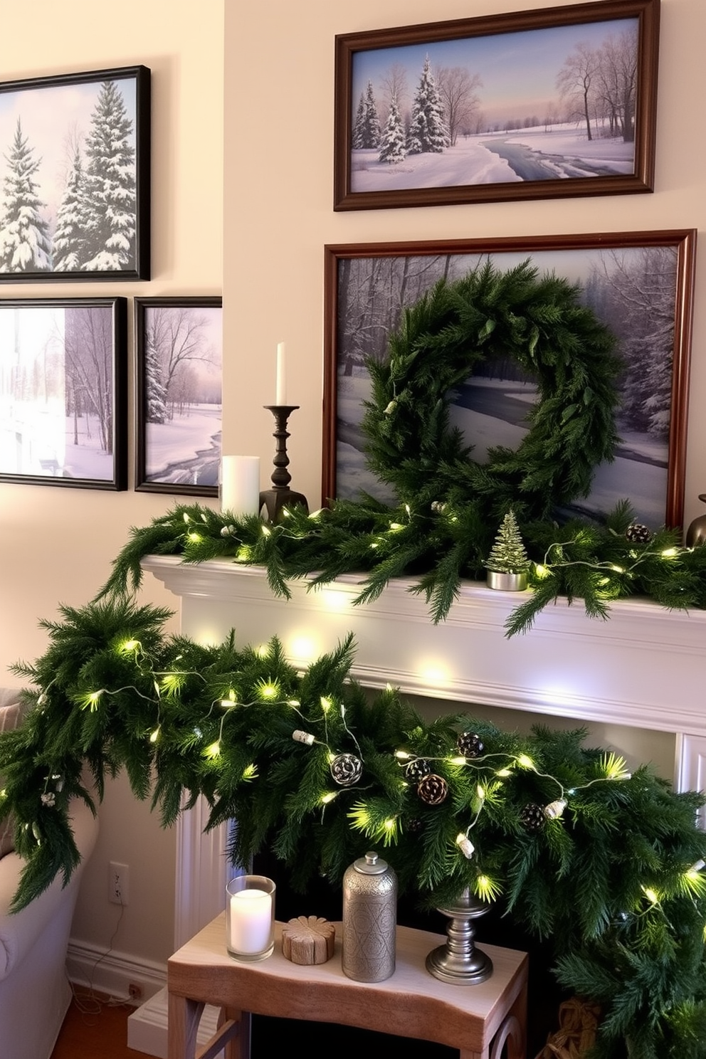 A cozy living room adorned with seasonal artwork featuring serene winter landscapes. The walls are decorated with framed paintings showcasing snow-covered trees and tranquil icy rivers. On the mantel, a beautiful arrangement of evergreen garlands is intertwined with twinkling fairy lights. Complementing the greenery, there are decorative candles and a few rustic wooden accents to create a warm and inviting atmosphere.