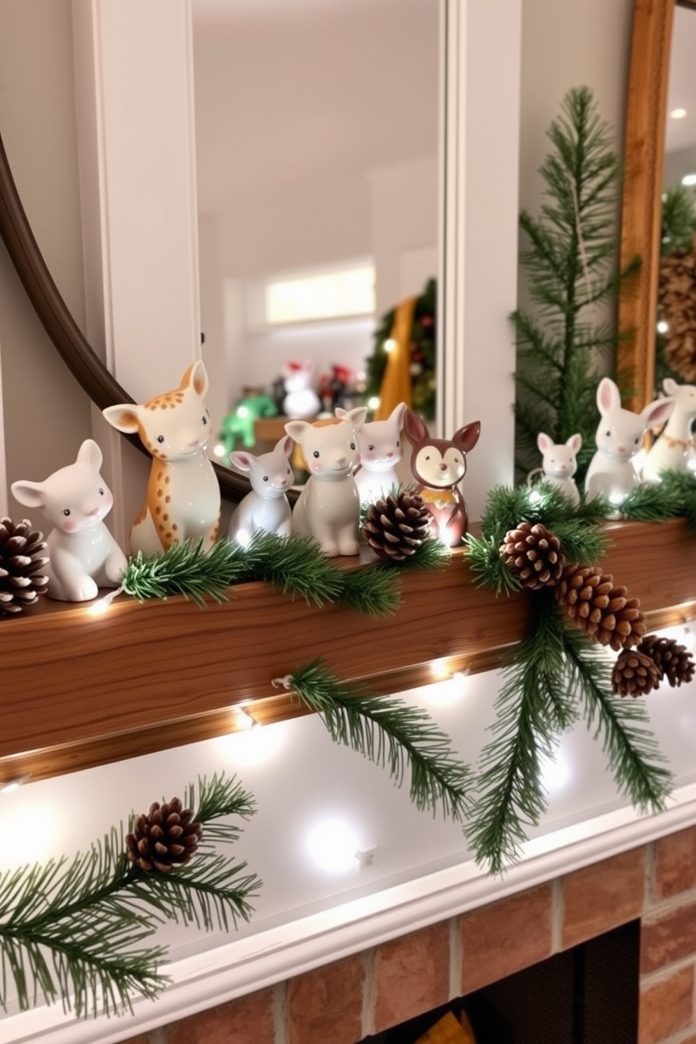 Charming ceramic animals are playfully arranged on a rustic wooden mantel, adding a whimsical touch to the winter decor. Soft white lights twinkle around the ceramic figures, creating a warm and inviting atmosphere. The mantel is adorned with evergreen garlands and pinecones, enhancing the seasonal charm. A collection of colorful ceramic animals peeks out from behind the decorations, inviting smiles and delight.