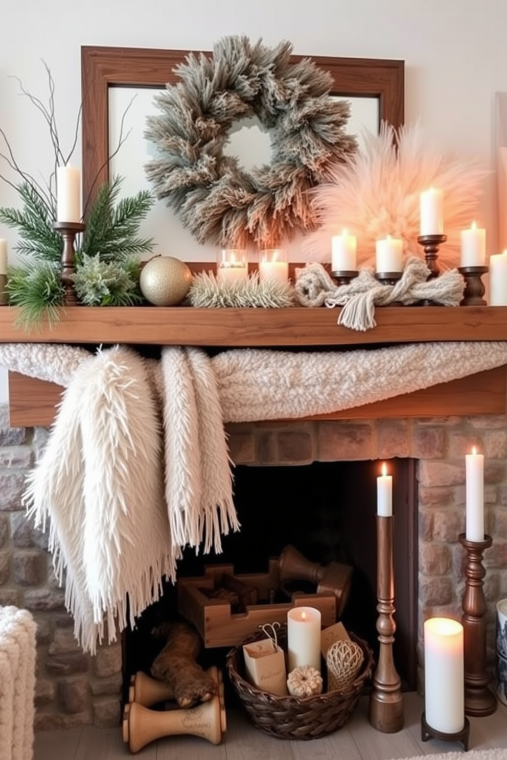 A cozy winter mantel adorned with layered textures featuring plush faux fur and soft wool throws. The mantel is complemented by rustic wooden accents and a collection of candles in varying heights for a warm ambiance.