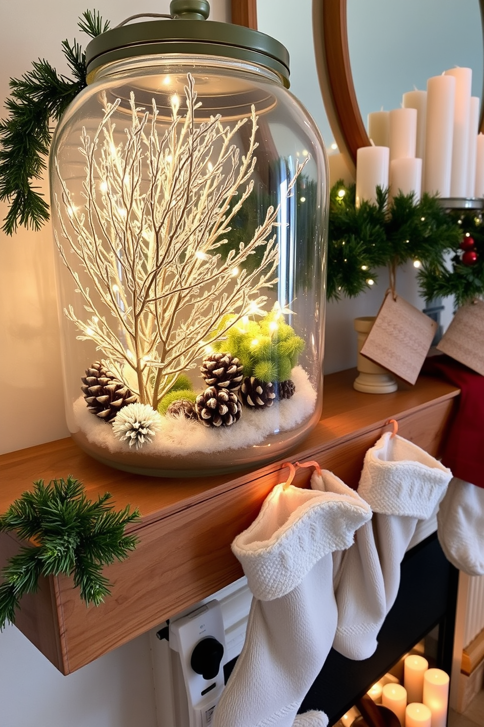 A glass terrarium filled with winter elements showcases a serene display of frosted pinecones, delicate white twigs, and soft moss. The terrarium is illuminated by warm LED lights, creating a cozy atmosphere that enhances the seasonal decor. For winter mantel decorating ideas, a rustic wooden mantel is adorned with evergreen garlands and twinkling fairy lights. Stockings in various textures hang from the mantel, complemented by a collection of festive candles in varying heights.