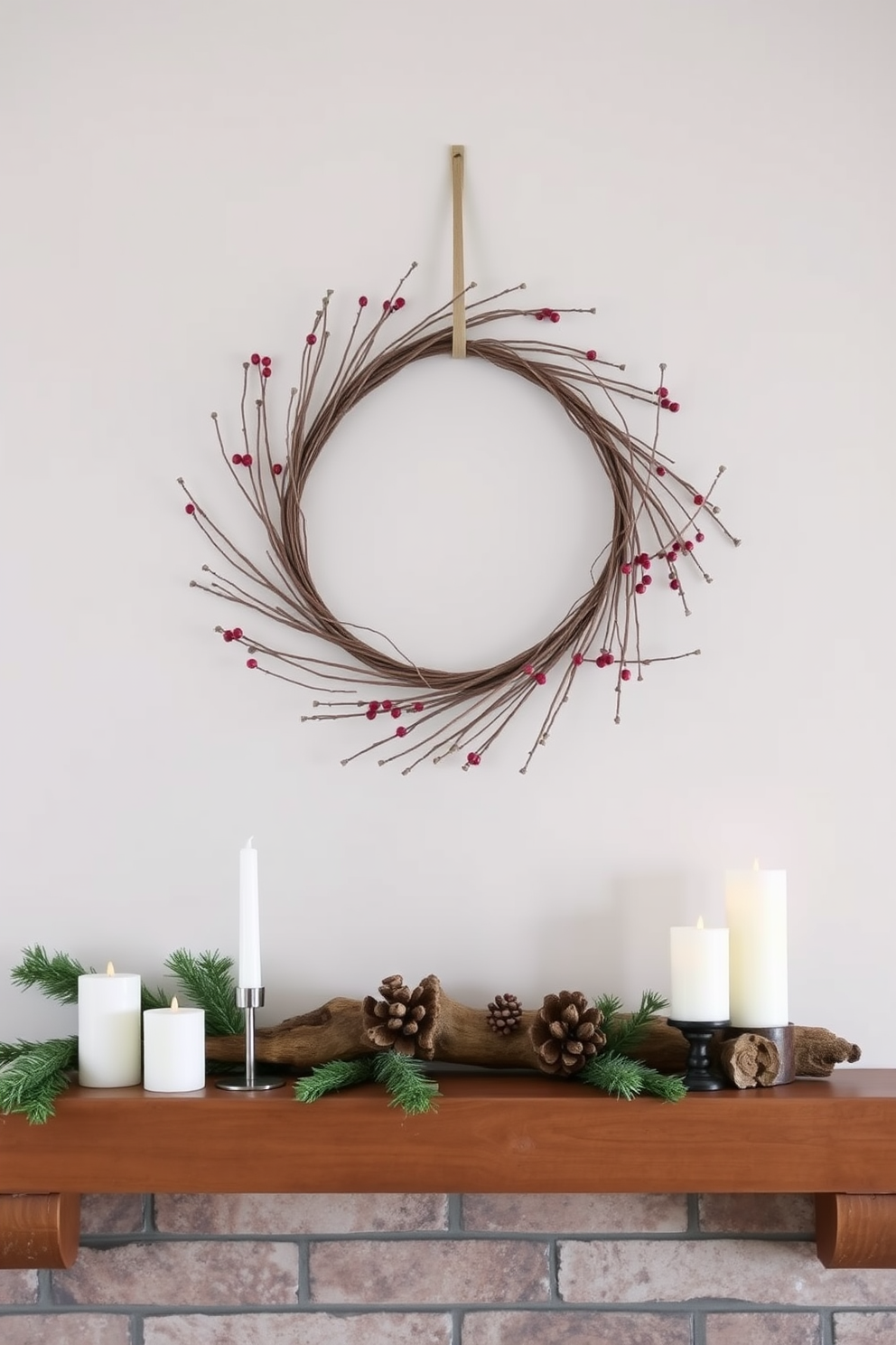 A simple wreath made of twigs and berries is elegantly hung above the mantel. The mantel is adorned with soft white candles and rustic wooden accents, creating a warm winter ambiance.