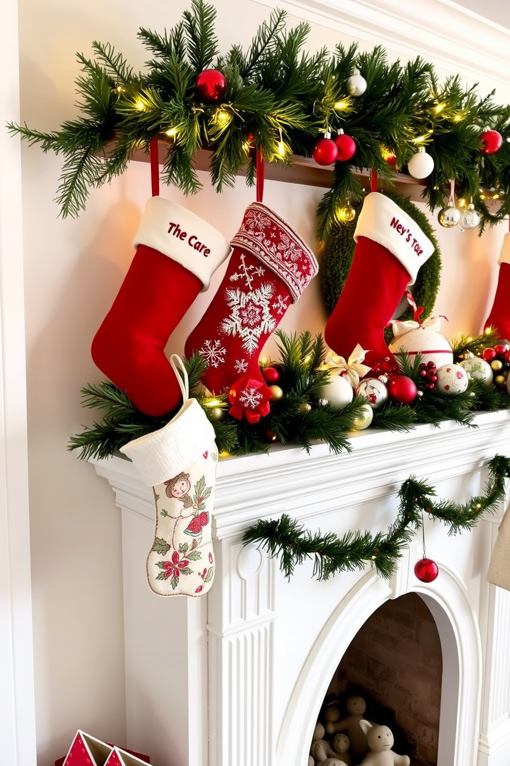 Embellished stockings hung with care adorn a cozy winter mantel. The mantel is decorated with evergreen garlands, twinkling fairy lights, and a collection of festive ornaments.