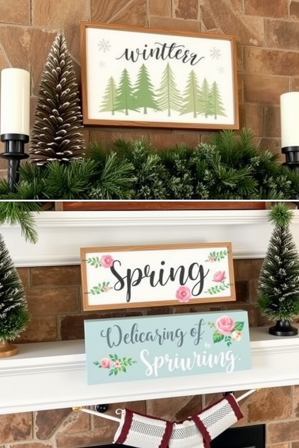 A cozy winter mantel adorned with reversible signs showcasing seasonal themes. One side features a festive winter design with snowflakes and pine trees, while the other side celebrates the arrival of spring with blooming flowers and pastel colors.