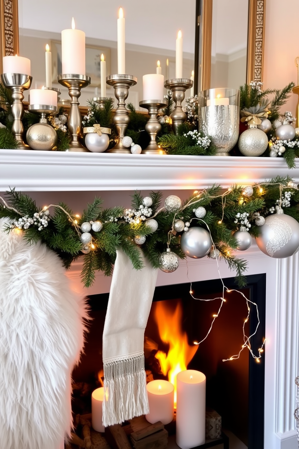 Elegant silver and gold accents adorn the winter mantel, creating a luxurious and warm atmosphere. The mantel is adorned with a mix of metallic candle holders, sparkling garlands, and carefully placed ornaments that reflect the light beautifully. A plush white fur throw drapes over one side, adding texture and warmth to the display. Fresh evergreen branches and delicate fairy lights intertwine for a festive touch, enhancing the overall elegance of the setting.