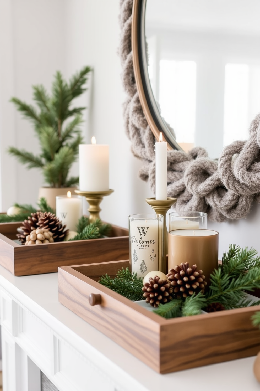 A cozy winter mantel adorned with wooden trays to elegantly organize decor items. The trays feature a mix of rustic and modern elements, showcasing seasonal decorations like pinecones, candles, and evergreen sprigs.