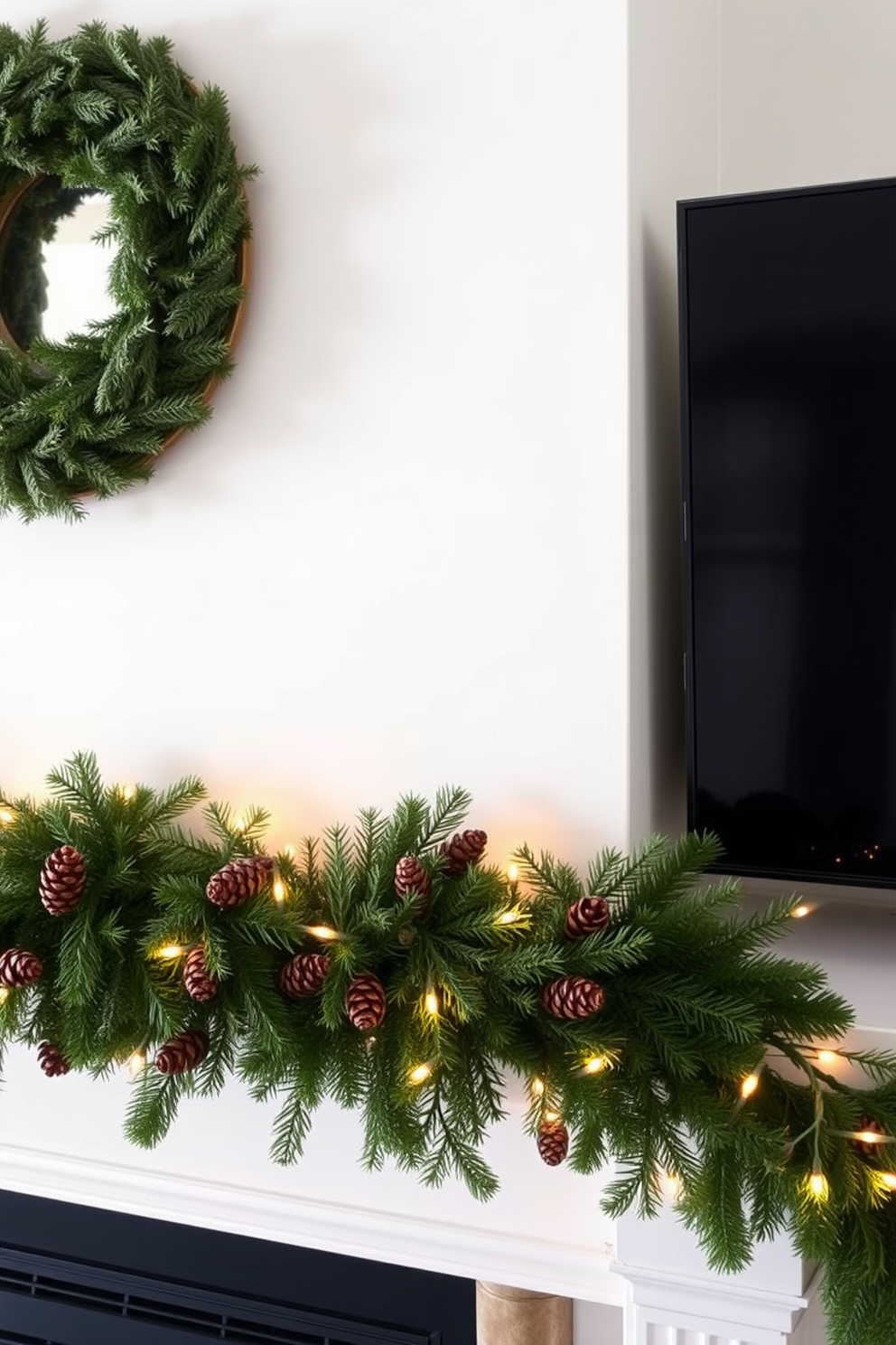 A cozy winter mantel adorned with natural greenery and pinecone accents. The fresh evergreen garland drapes elegantly across the mantel, interspersed with clusters of pinecones and twinkling fairy lights.